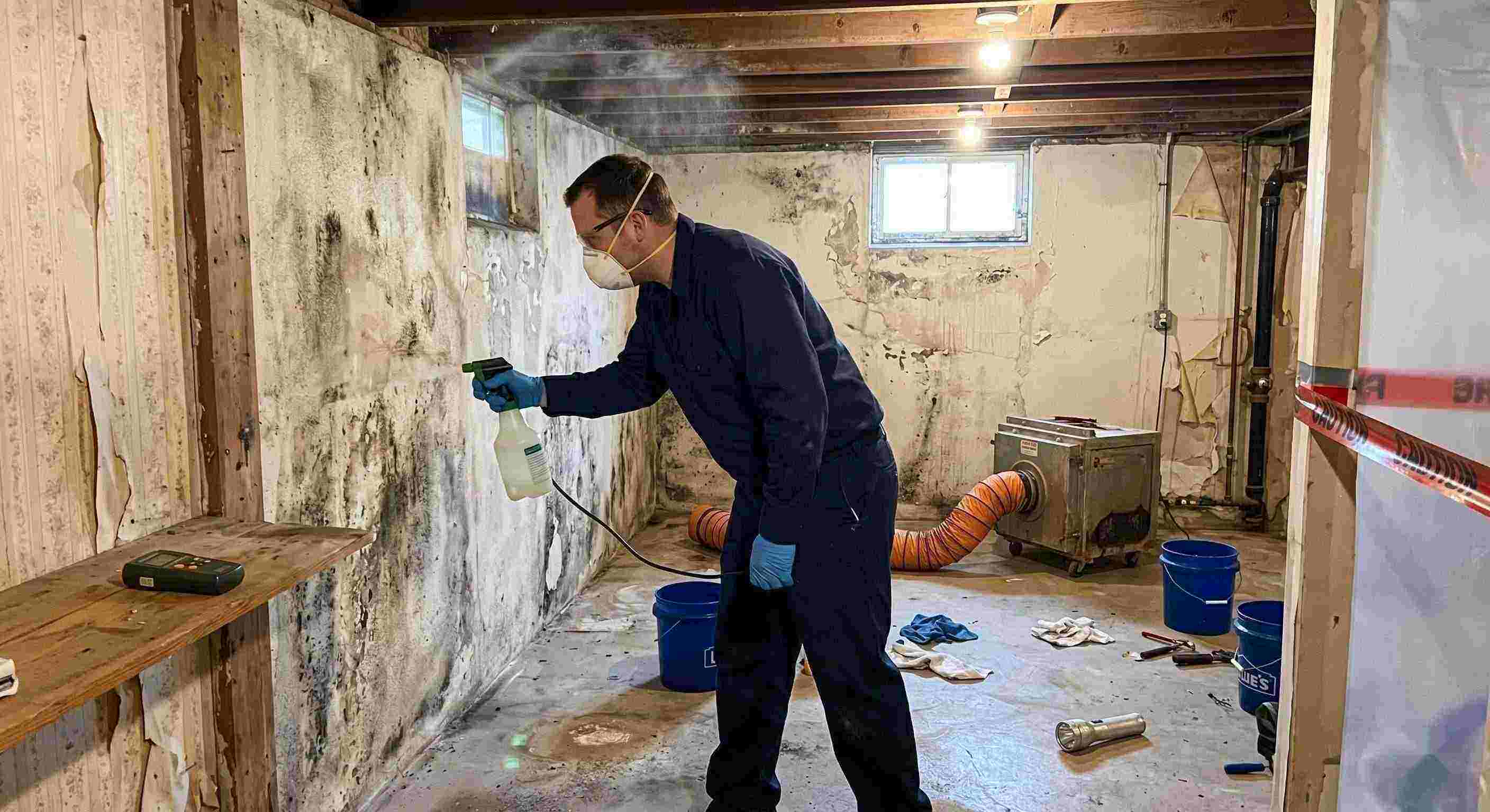 Professional technician performing antimicrobial mold treatment in a damp basement during mold remediation in a home in Downey.