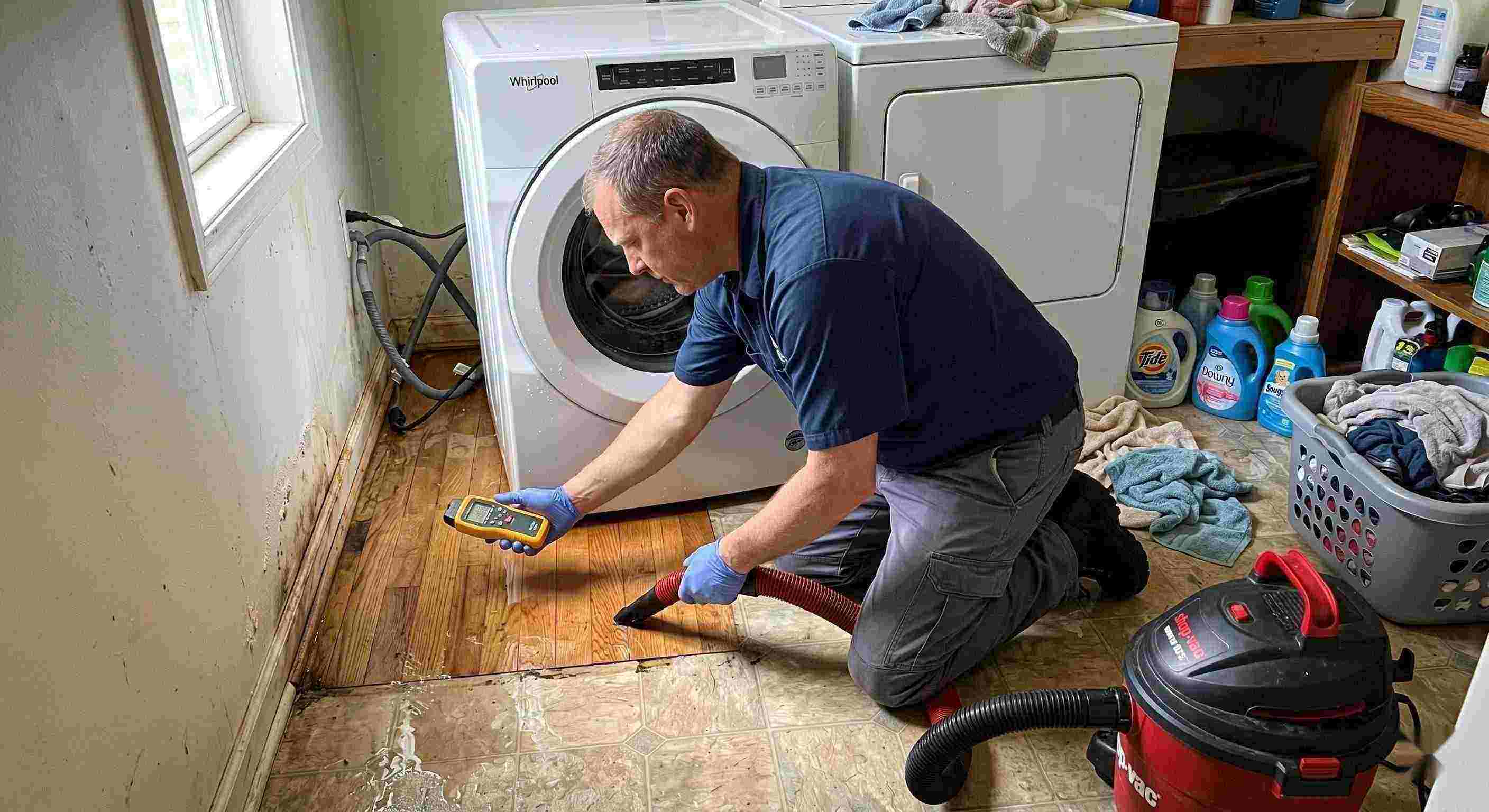 Appliance leak cleanup in a home laundry area with water pooling around the washing machine, showing technicians removing water and inspecting damp floors in Irvine.