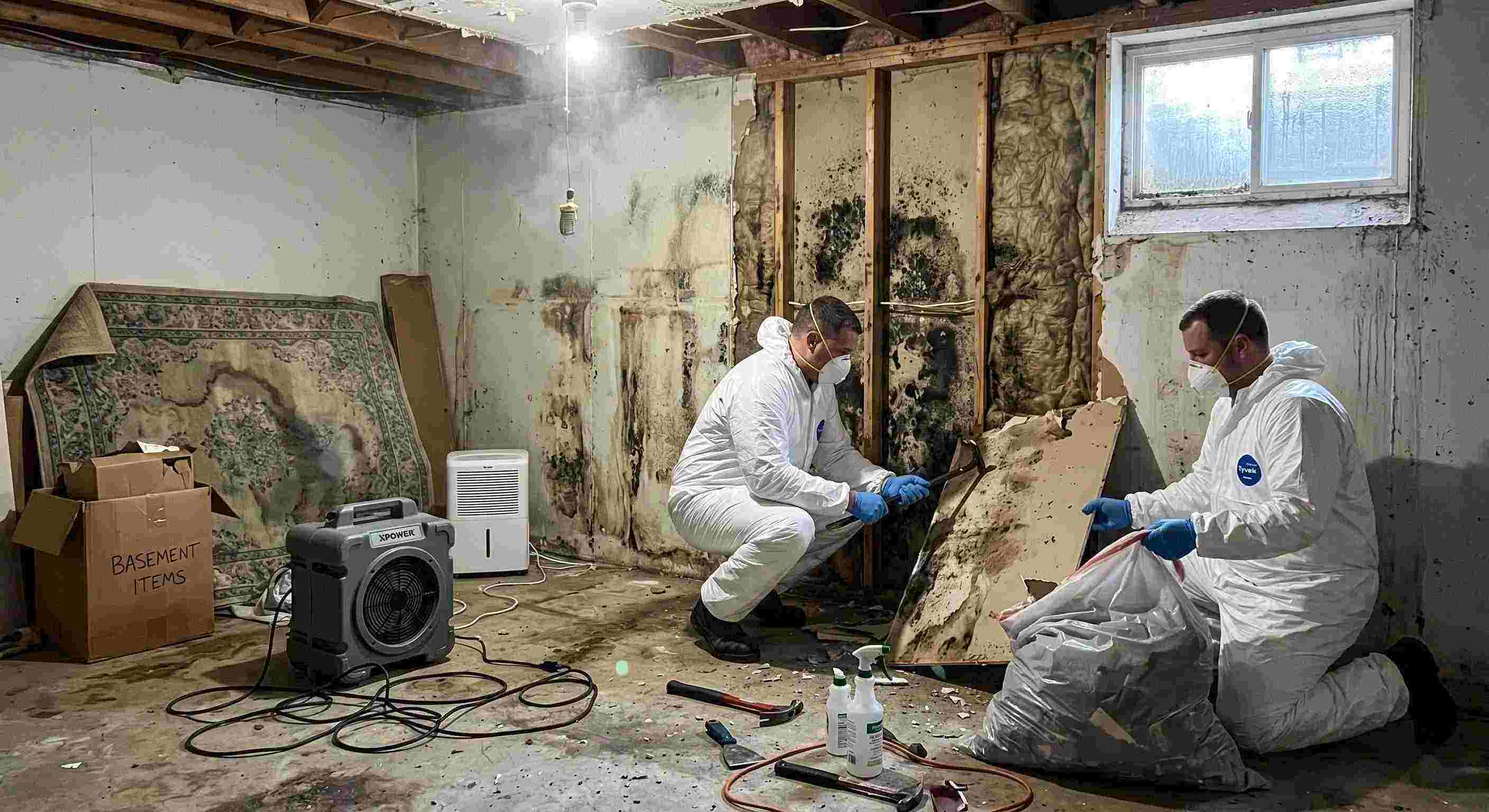 Fast realistic basement mold removal in a home in Downey, showing technicians safely removing black mold and using dehumidifiers and HEPA air scrubbers.