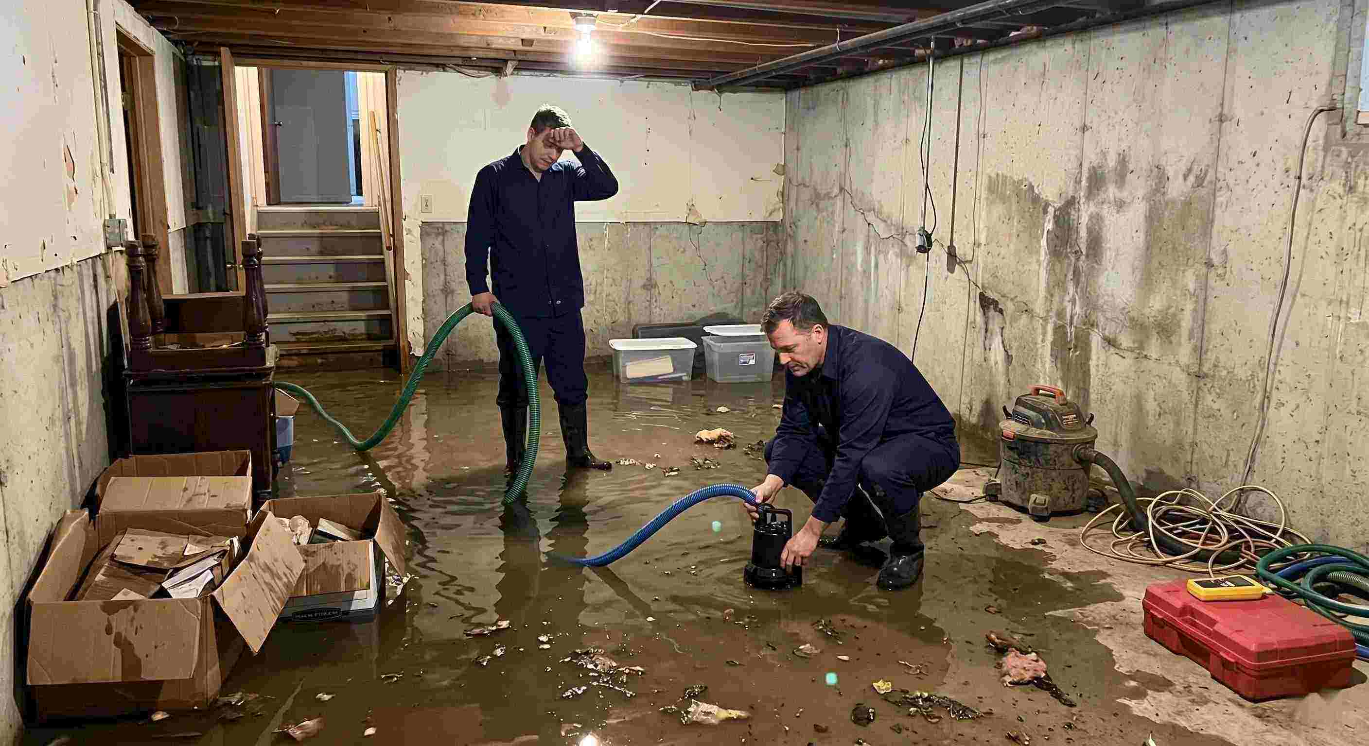 Fast basement water removal service in Downey with technicians pumping out flooded basement