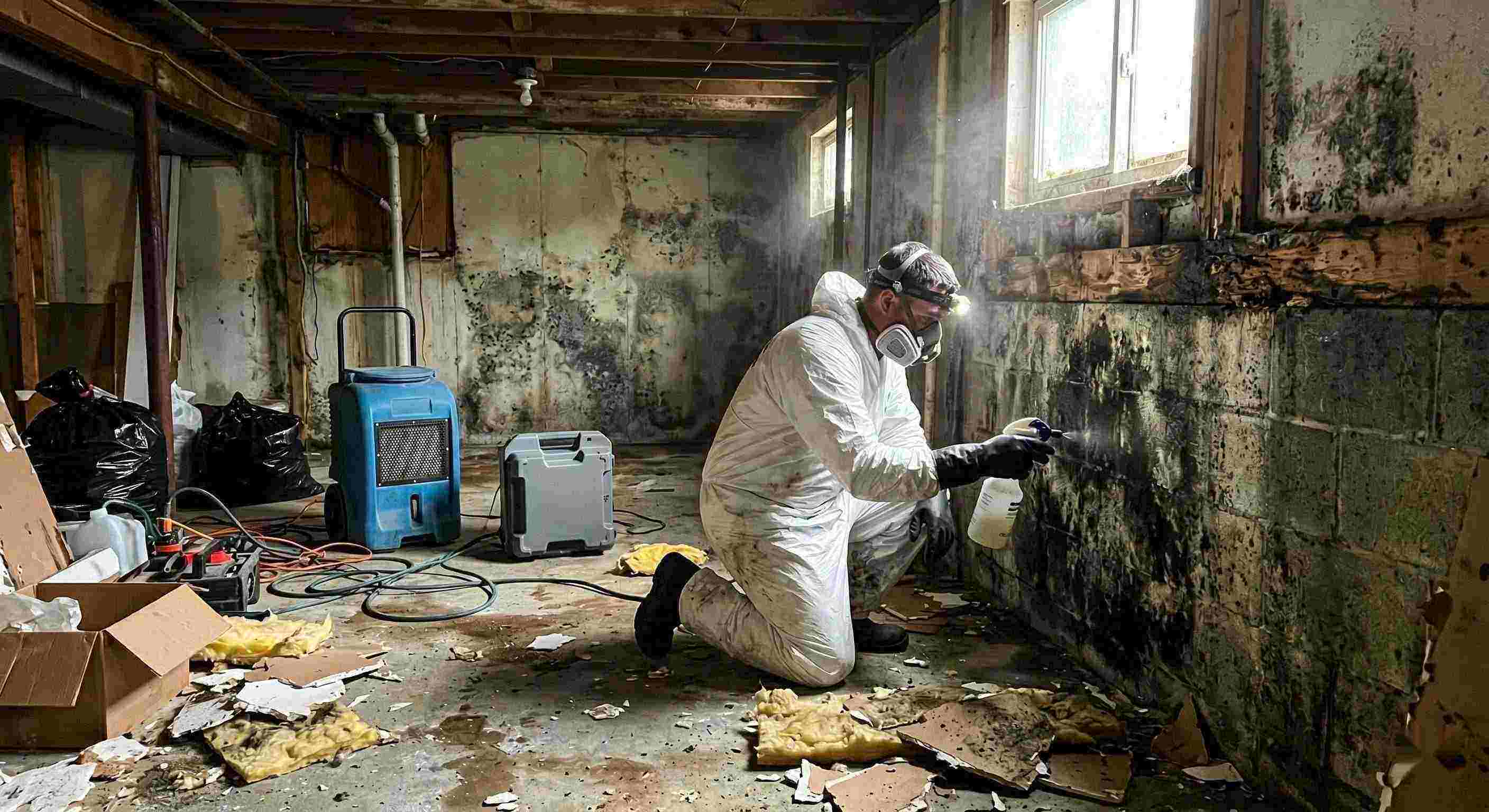 Expert technician performing black mold cleanup in a damp residential basement in Downey, showing removed drywall, mold patches, and remediation equipment.
