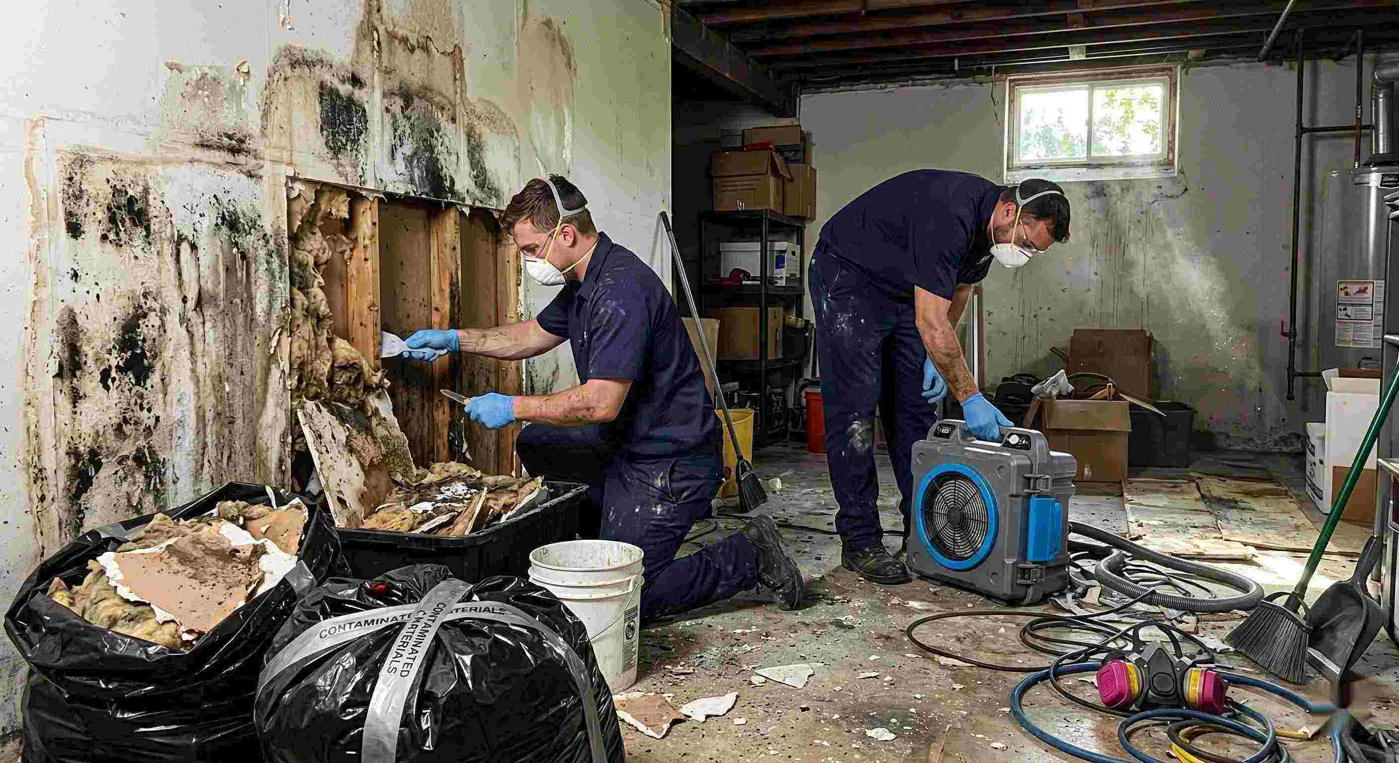 Local technicians performing black mold cleanup in a damp residential basement in Downey, carefully removing contaminated drywall and insulation.