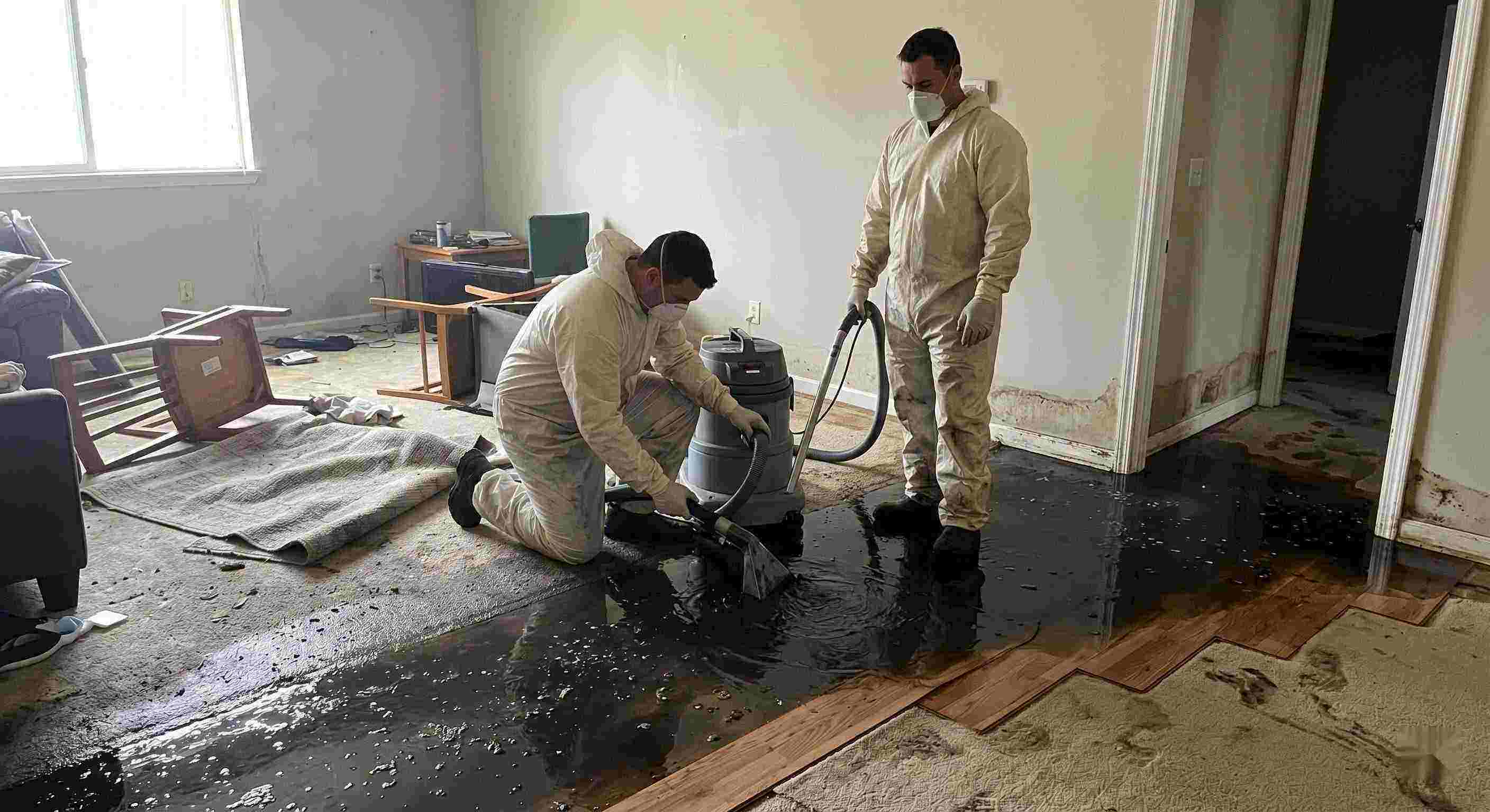 Professional black water removal service in Orange showing technicians extracting contaminated sewage water from flooded home interior