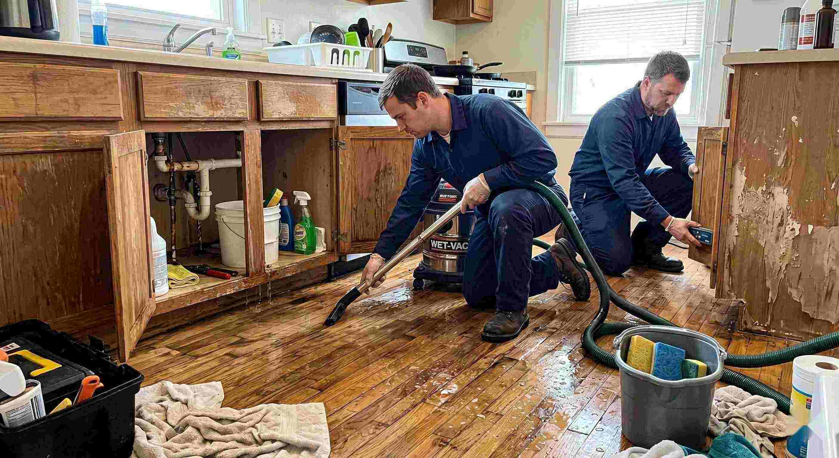 Realistic photo of technicians performing burst pipe water damage cleanup in a home in Irvine, removing standing water and inspecting wet floors and walls.