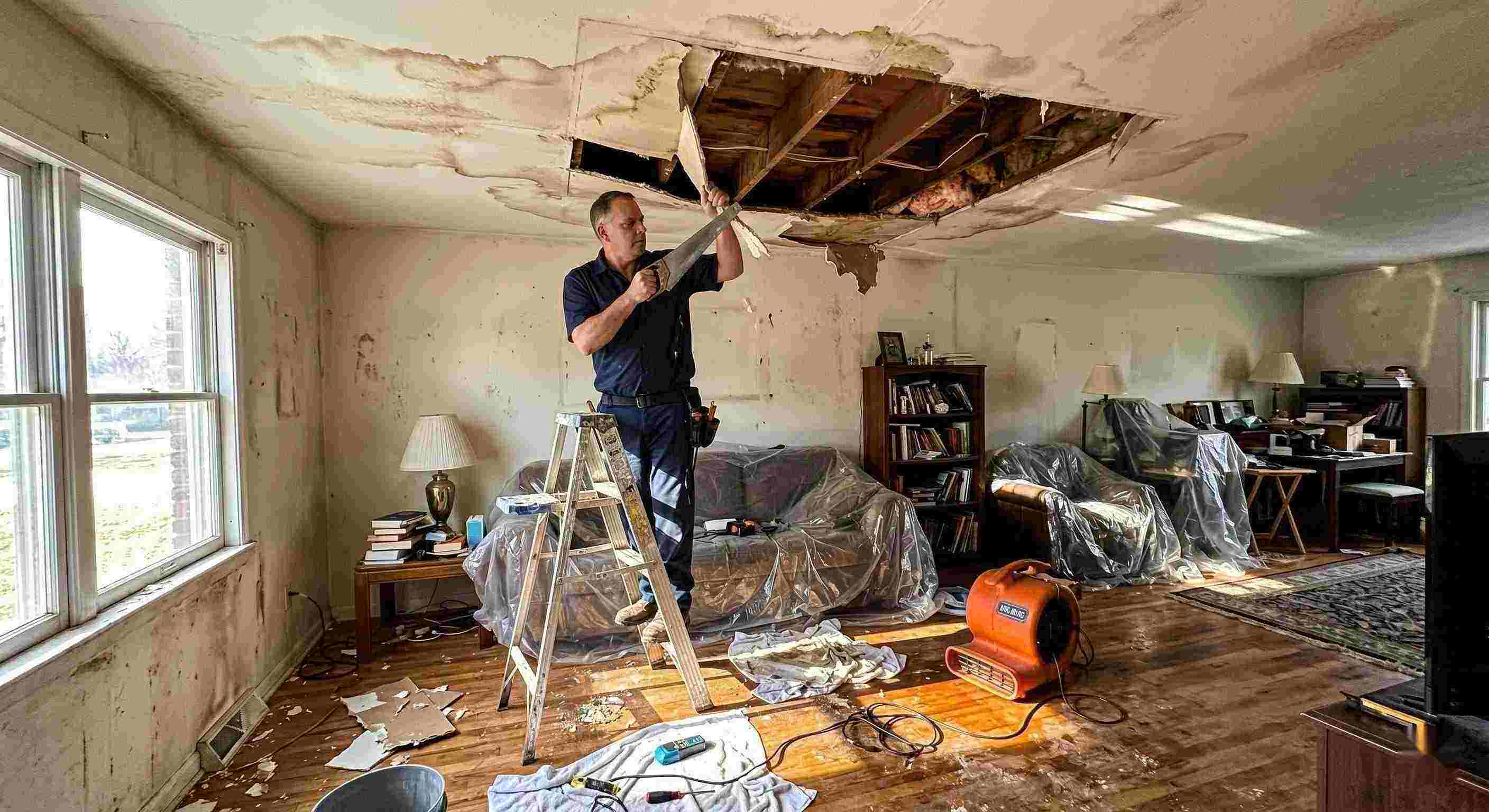 Realistic indoor scene of technicians performing ceiling leak repair in a home in Irvine, showing water-damaged ceiling, tools, and drying equipment.
