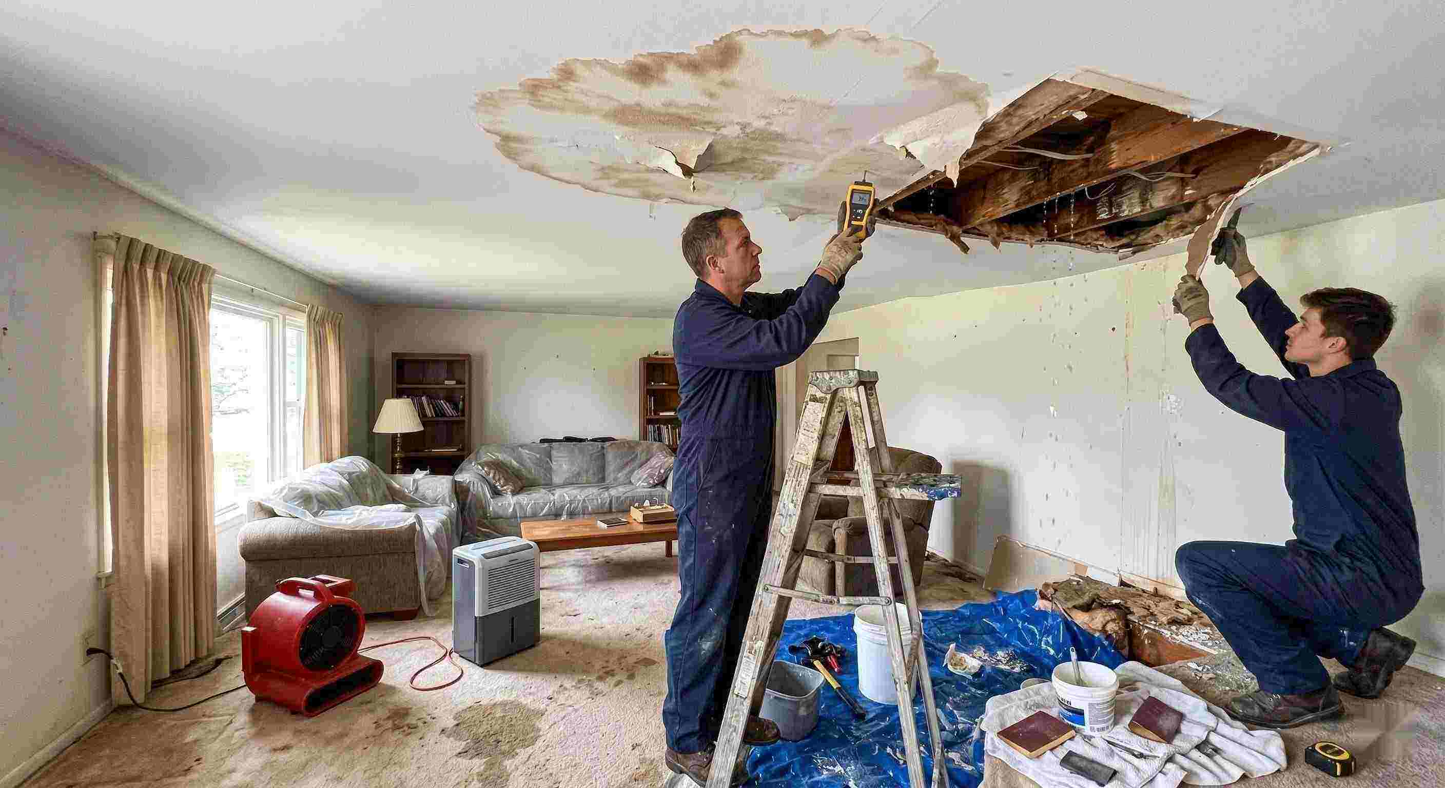 Realistic residential ceiling leak repair scene with technicians using moisture meters and air movers to fix water damage in a home in Irvine.