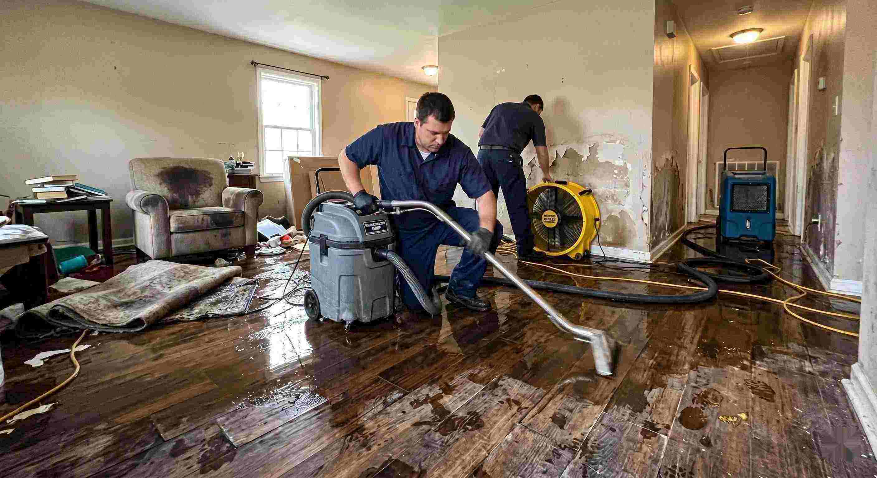 Top-rated emergency water damage restoration technicians removing water from flooded home in Corona