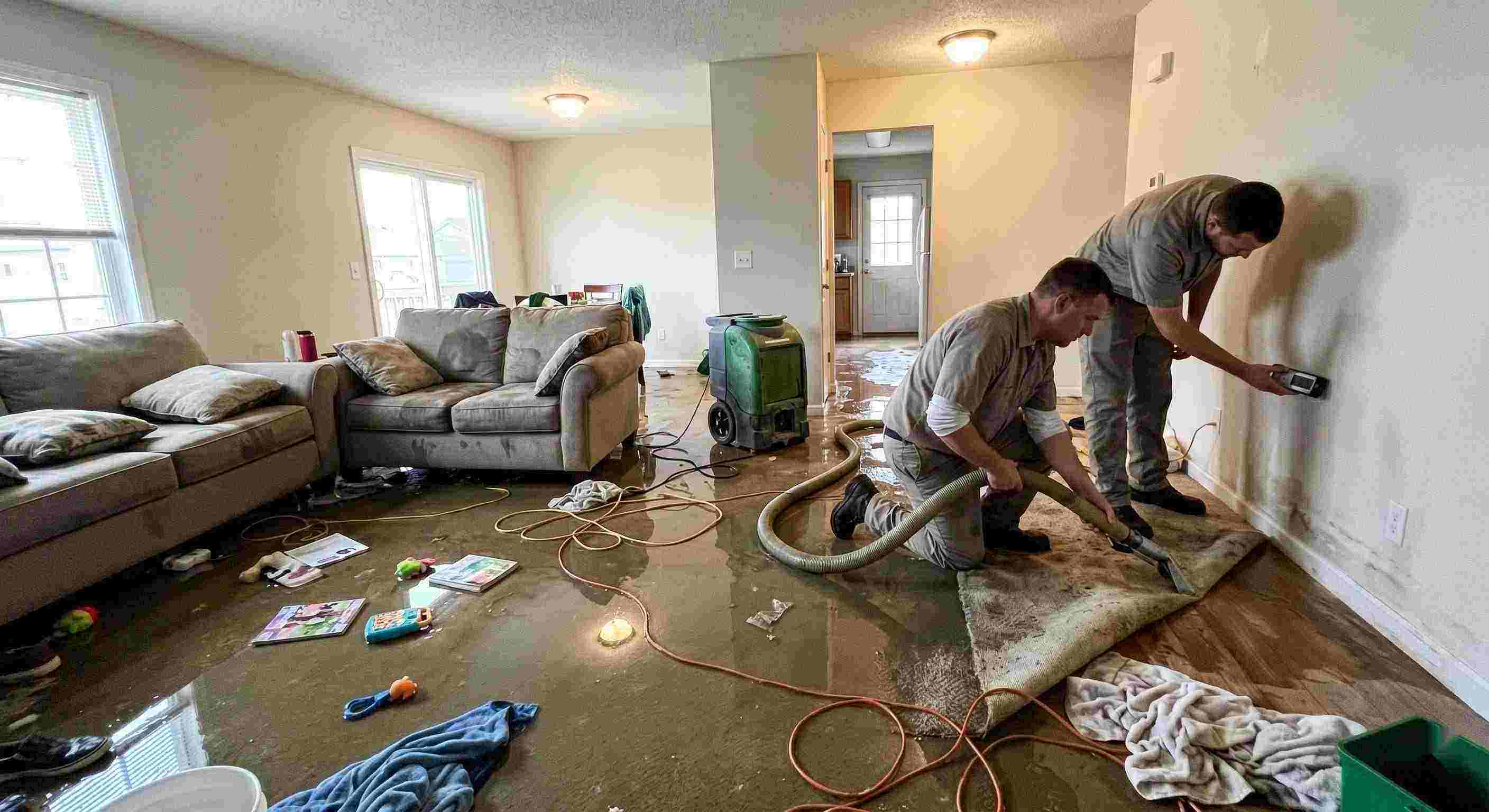 Best emergency water removal technicians extracting water from flooded living room in Downey