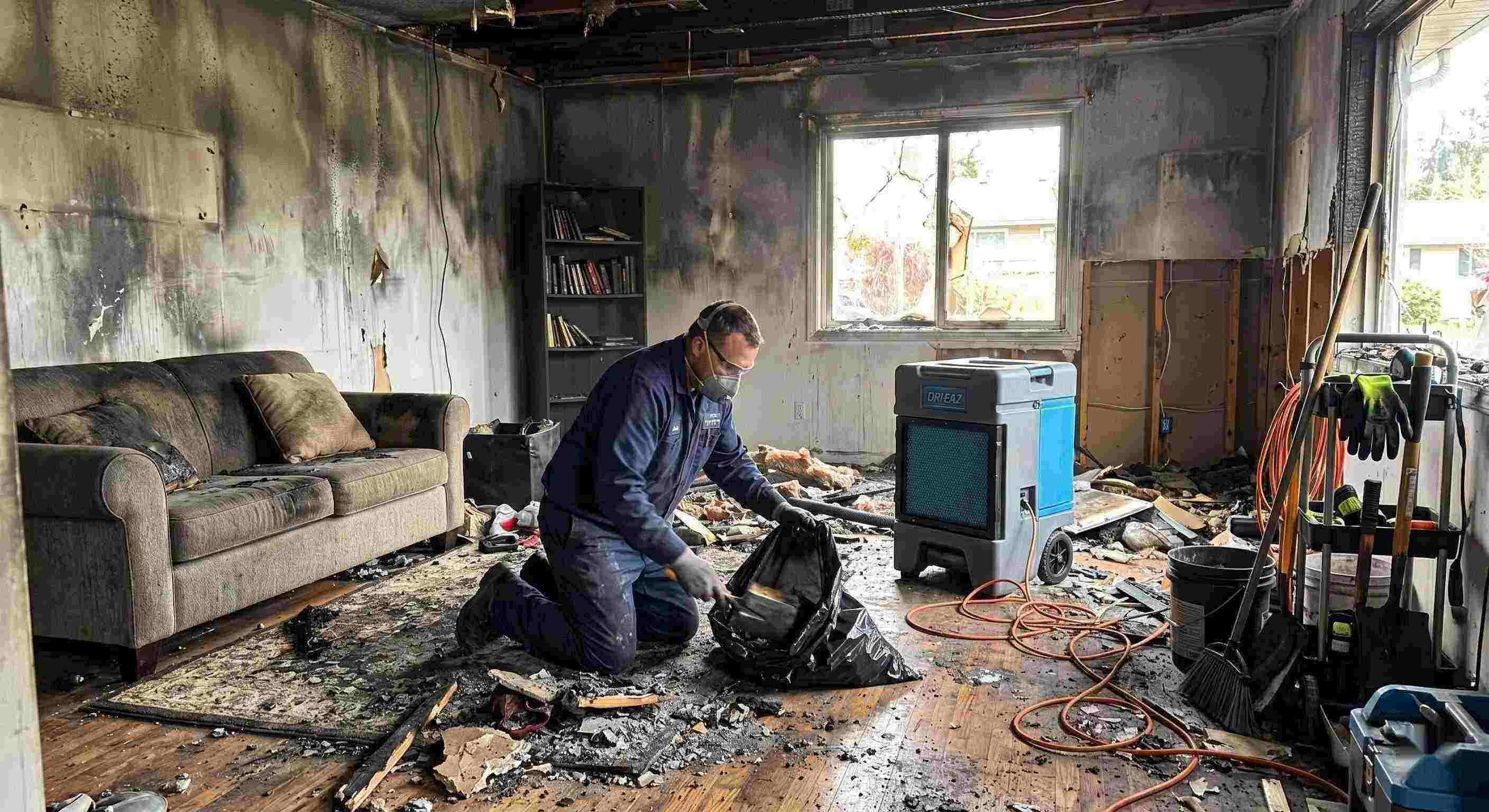 Fire damage cleanup scene with technician removing debris from a home affected by fire in Irvine