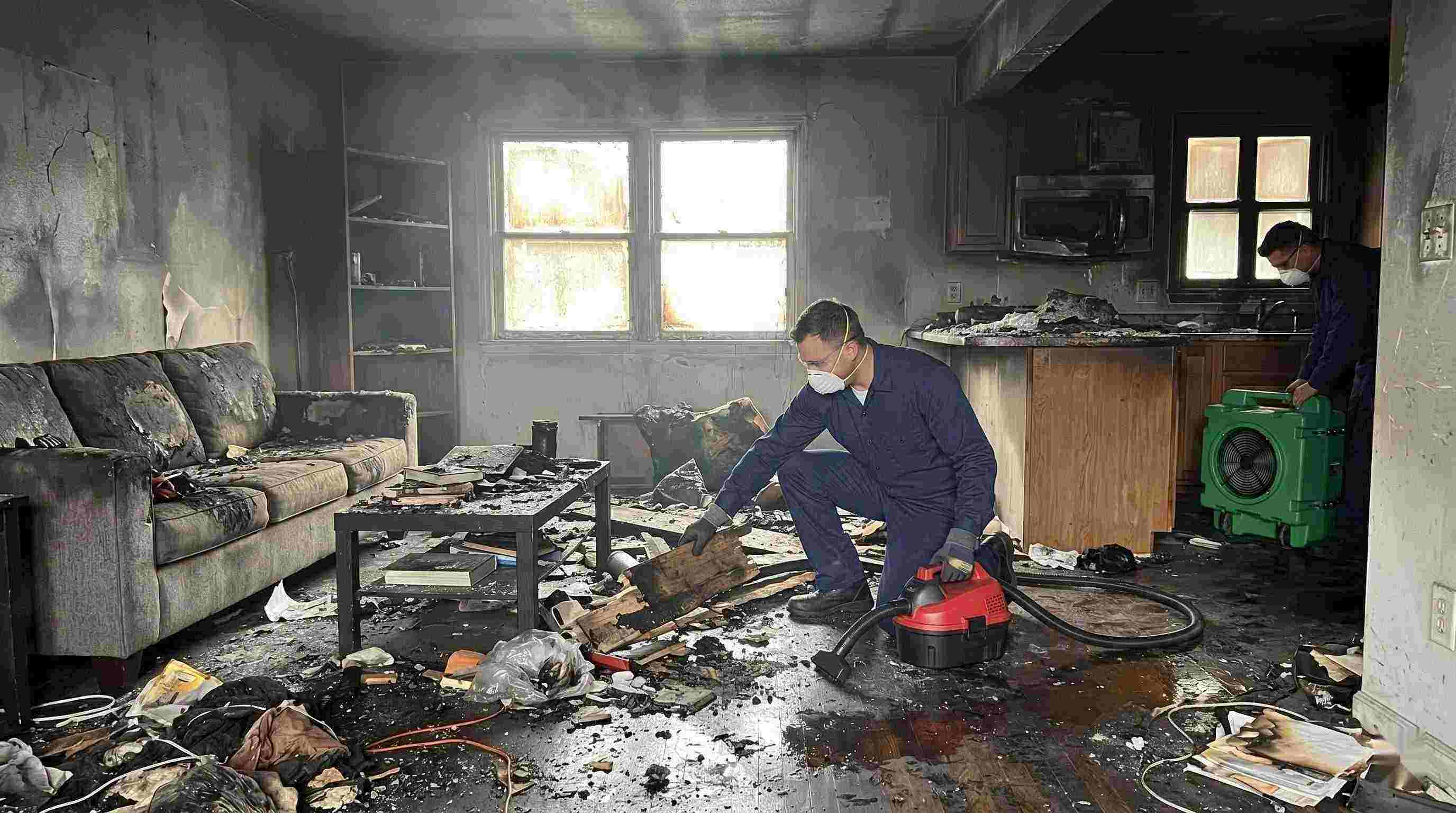 Realistic image showing extensive fire damage in a home with soot, debris, and smoke residue, captured during fire damage restoration in Irvine.