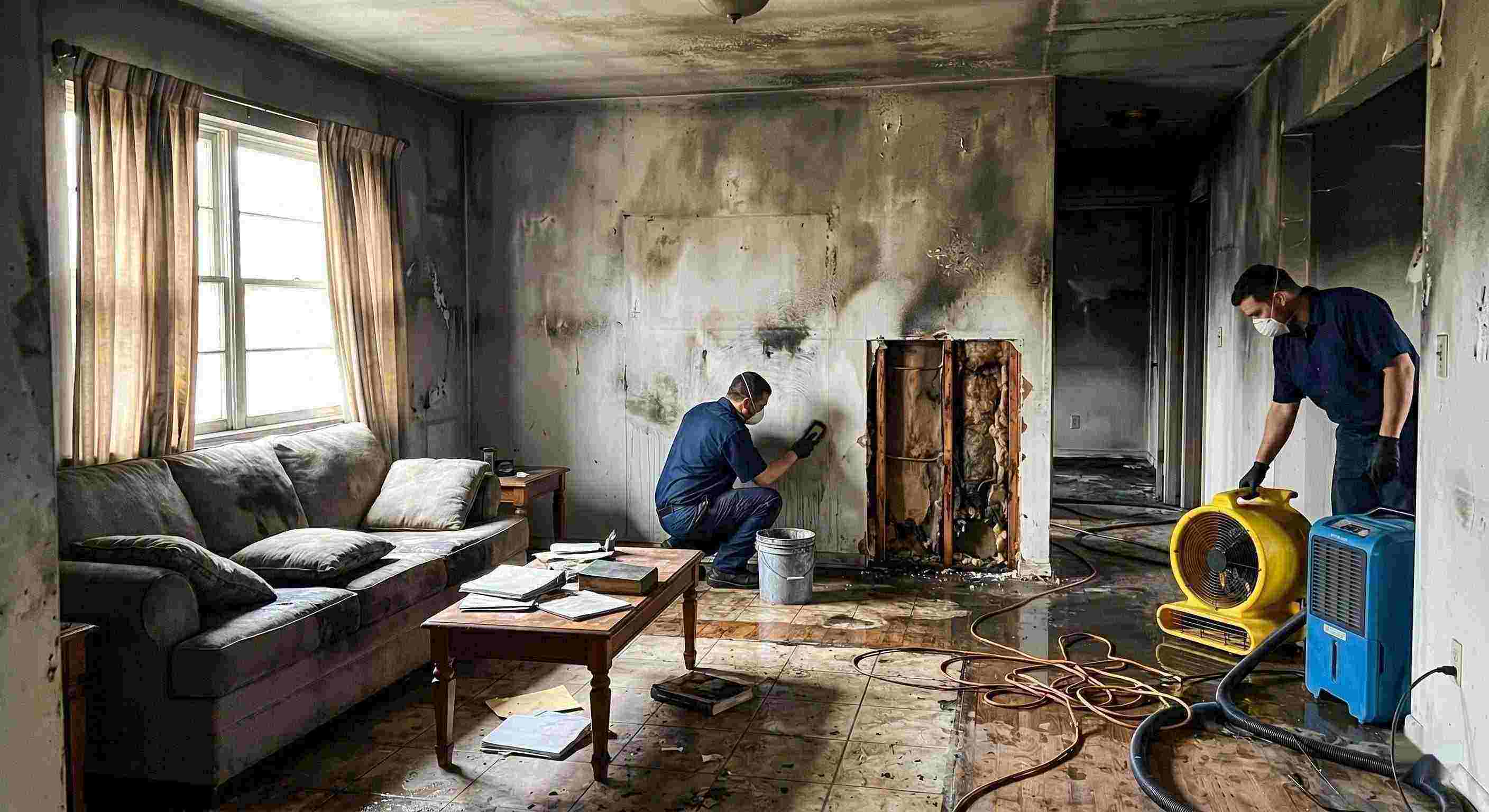 Reliable fire damage restoration cleanup with technicians removing soot and drying water damage in home Corona