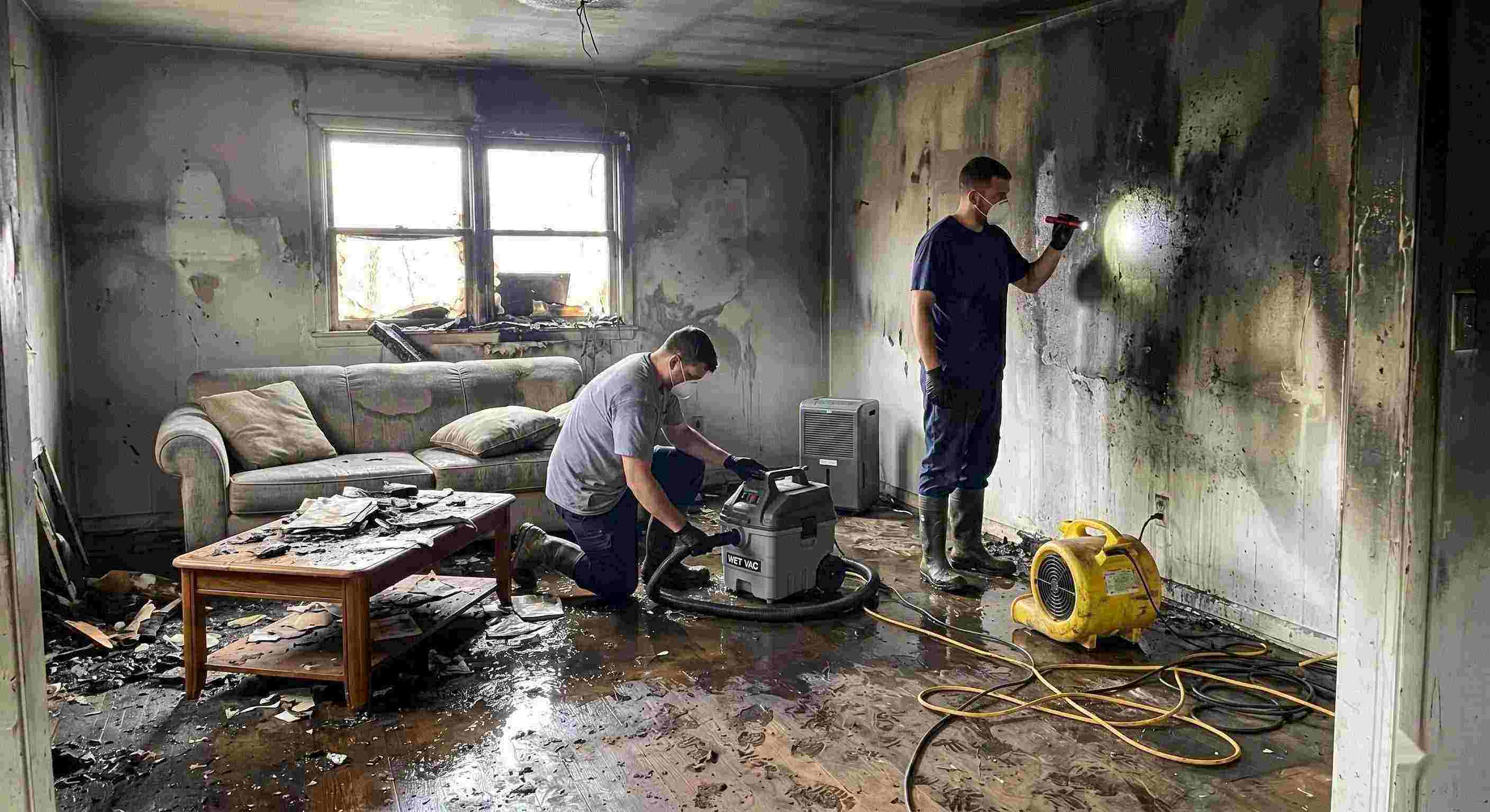 Expert fire damage restoration cleanup with water removal and smoke damage repair in Corona home