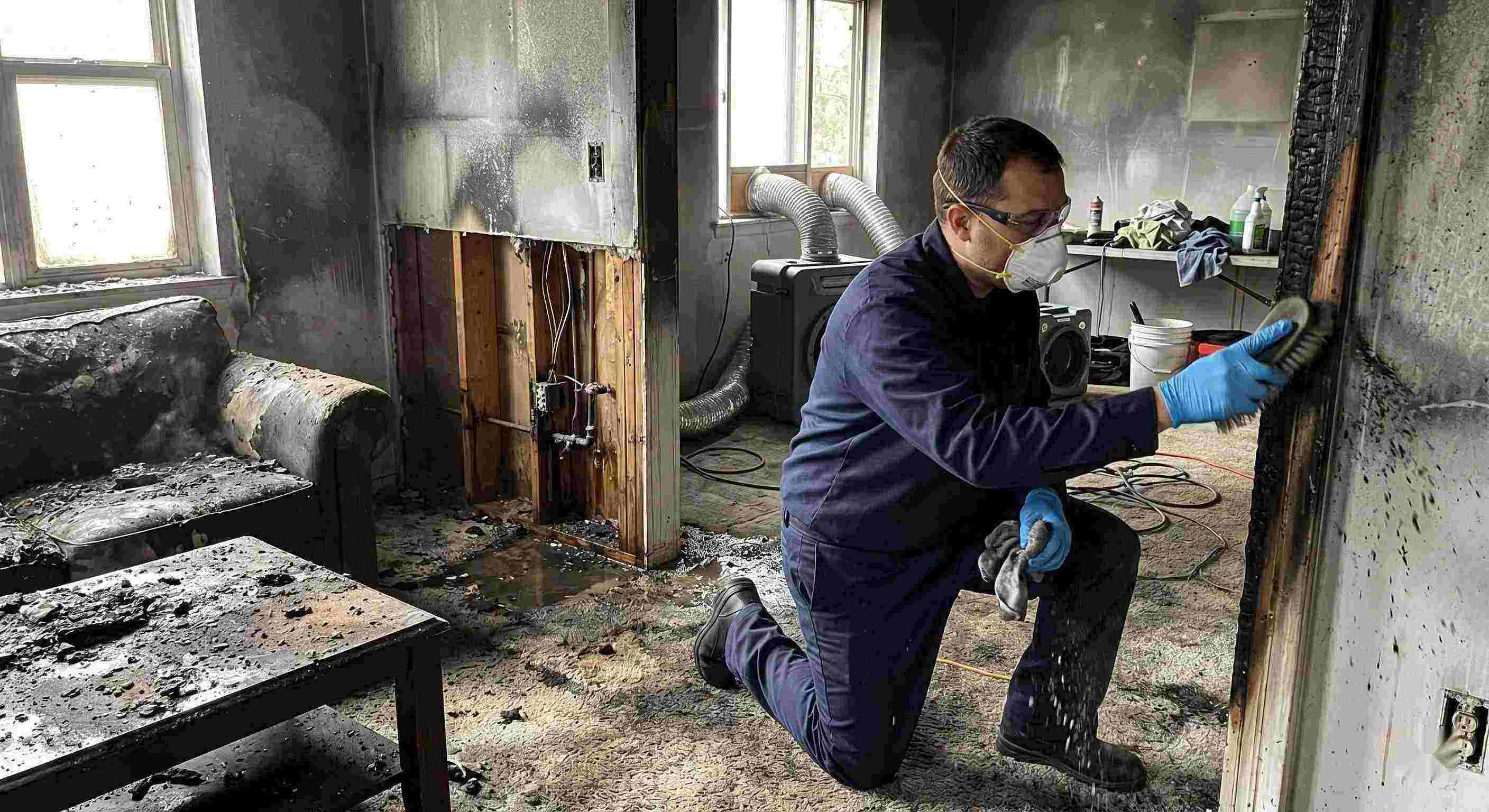 Action shot of a fire damage restoration technician cleaning soot and debris in a home damaged by fire in Irvine