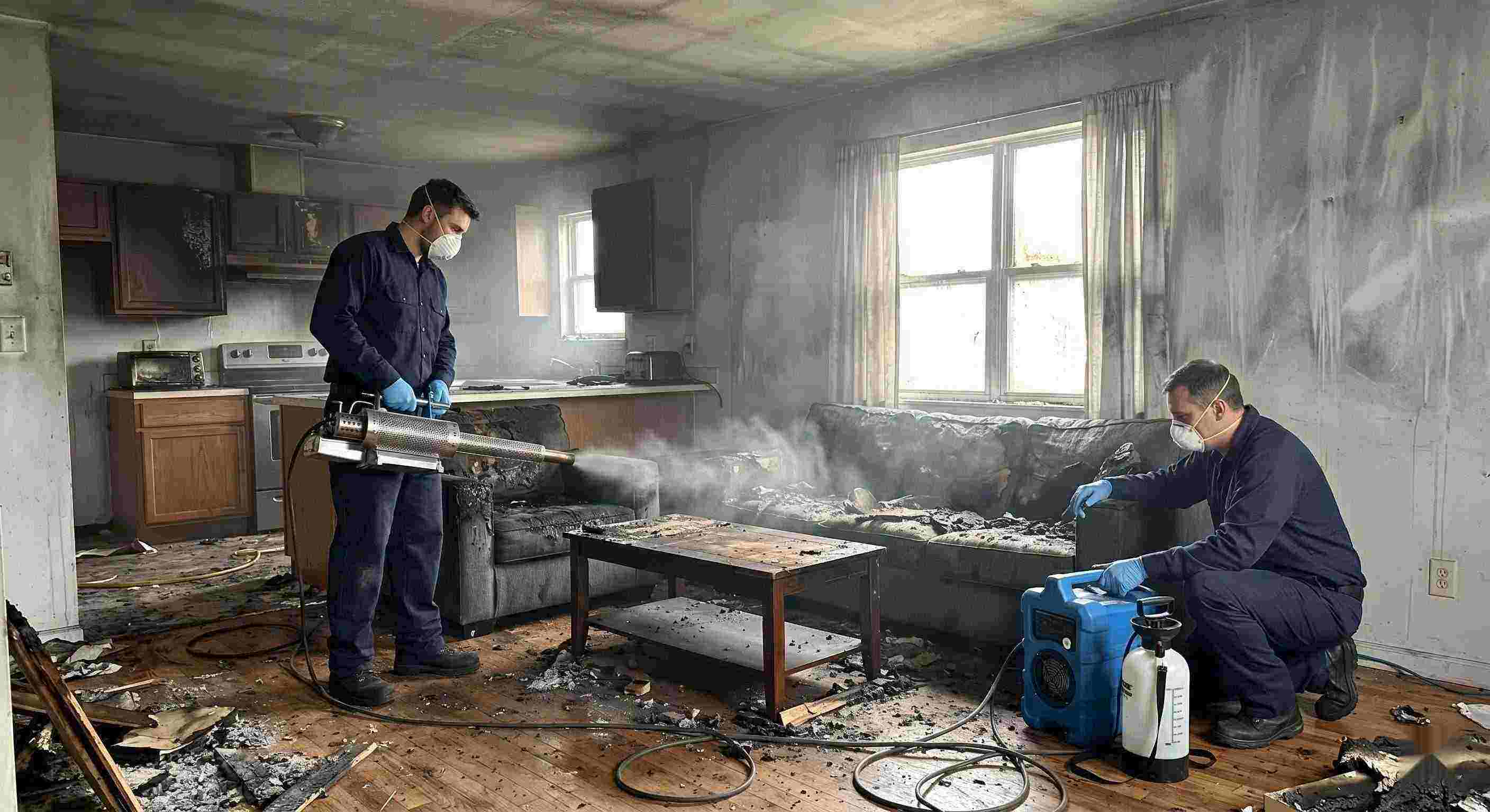 Fire odor removal service in a home showing technicians using thermal fogging equipment to eliminate smoke and soot odors in Irvine.