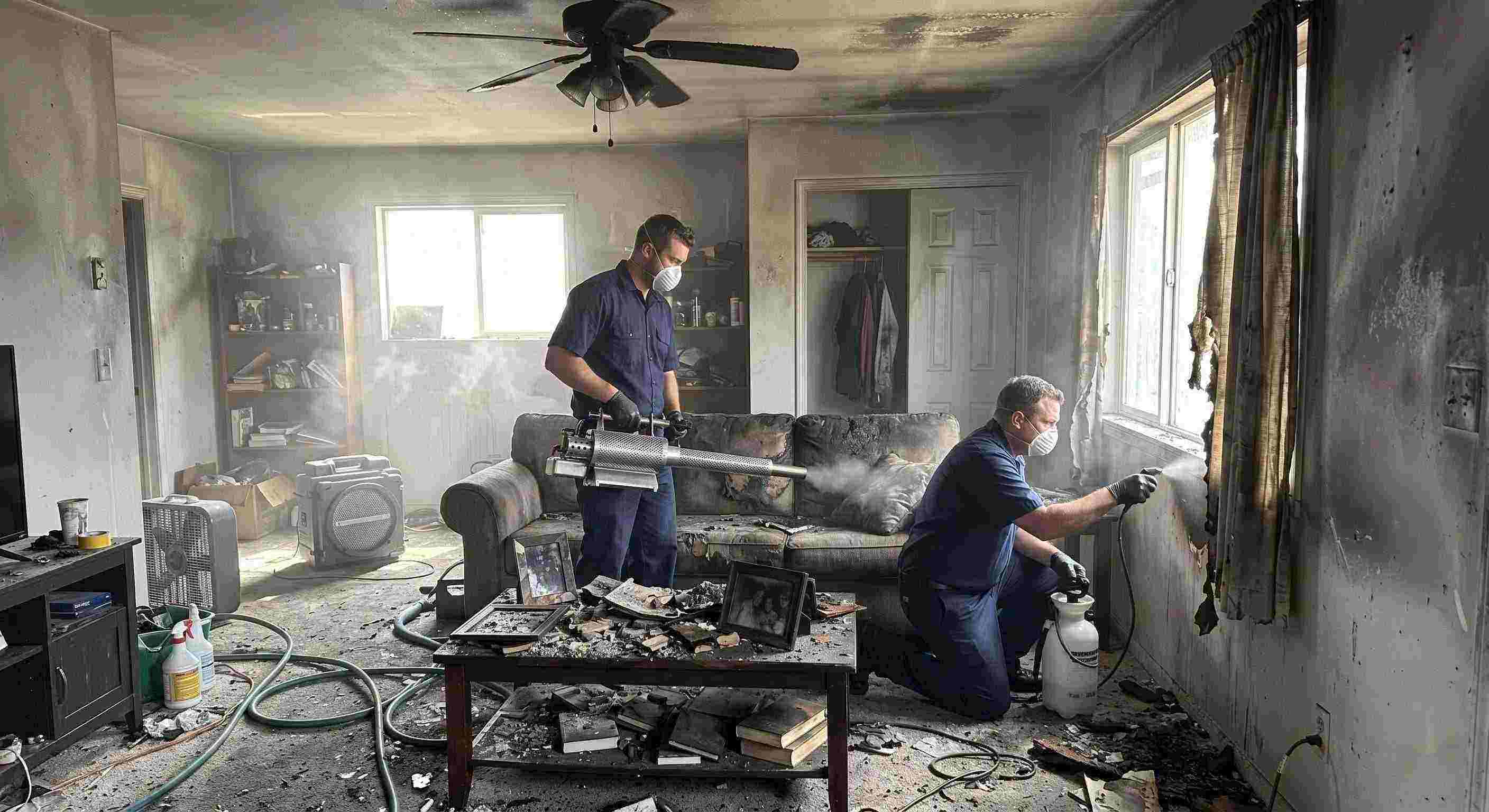 Fire damage restoration technicians removing smoke odors from a soot-stained home in Irvine, using thermal fogging and odor neutralization.