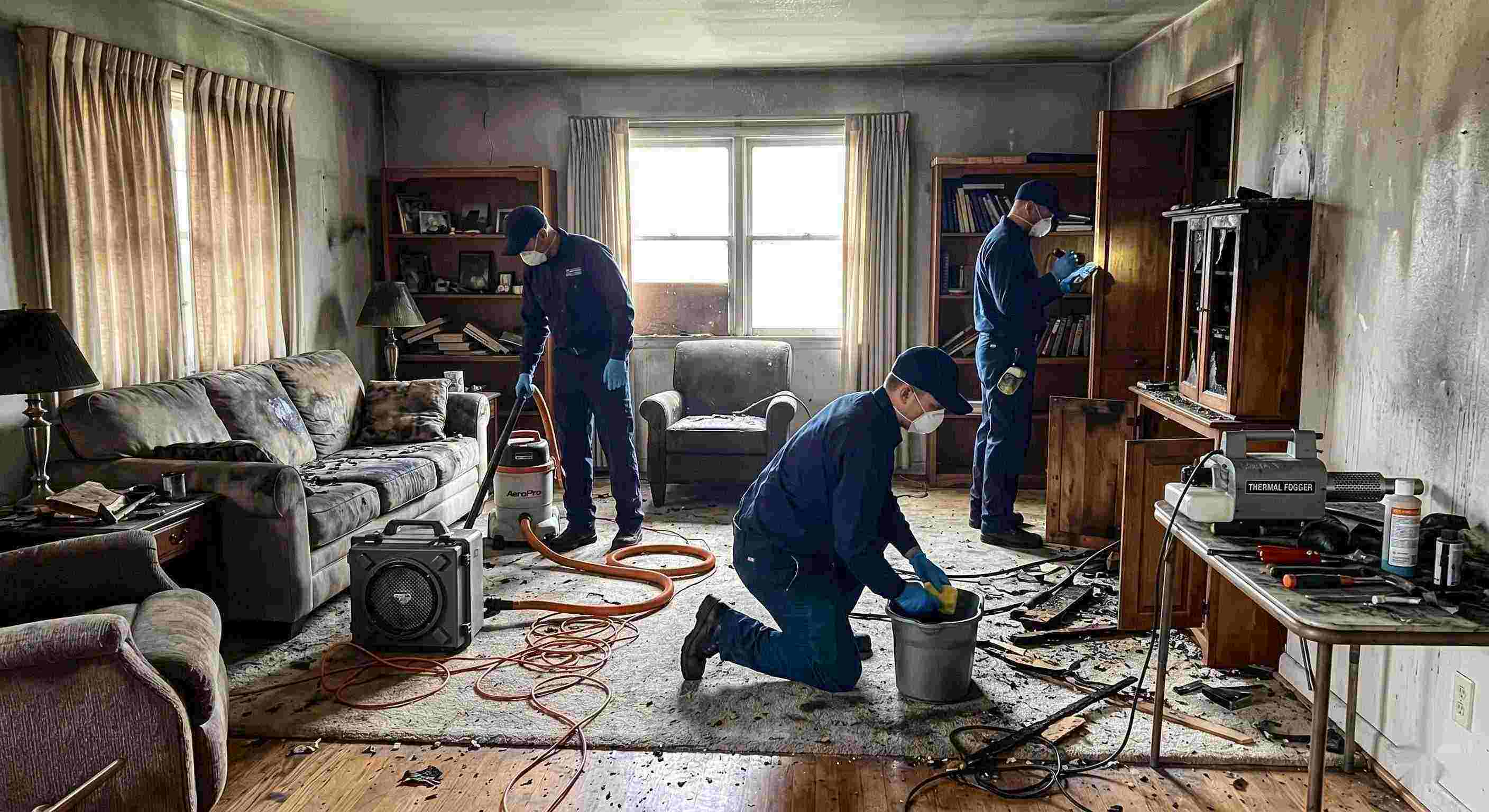 Photo of a fire restoration team using professional equipment to clean soot and smoke damage in a Irvine home, emphasizing trust and hands-on expertise.