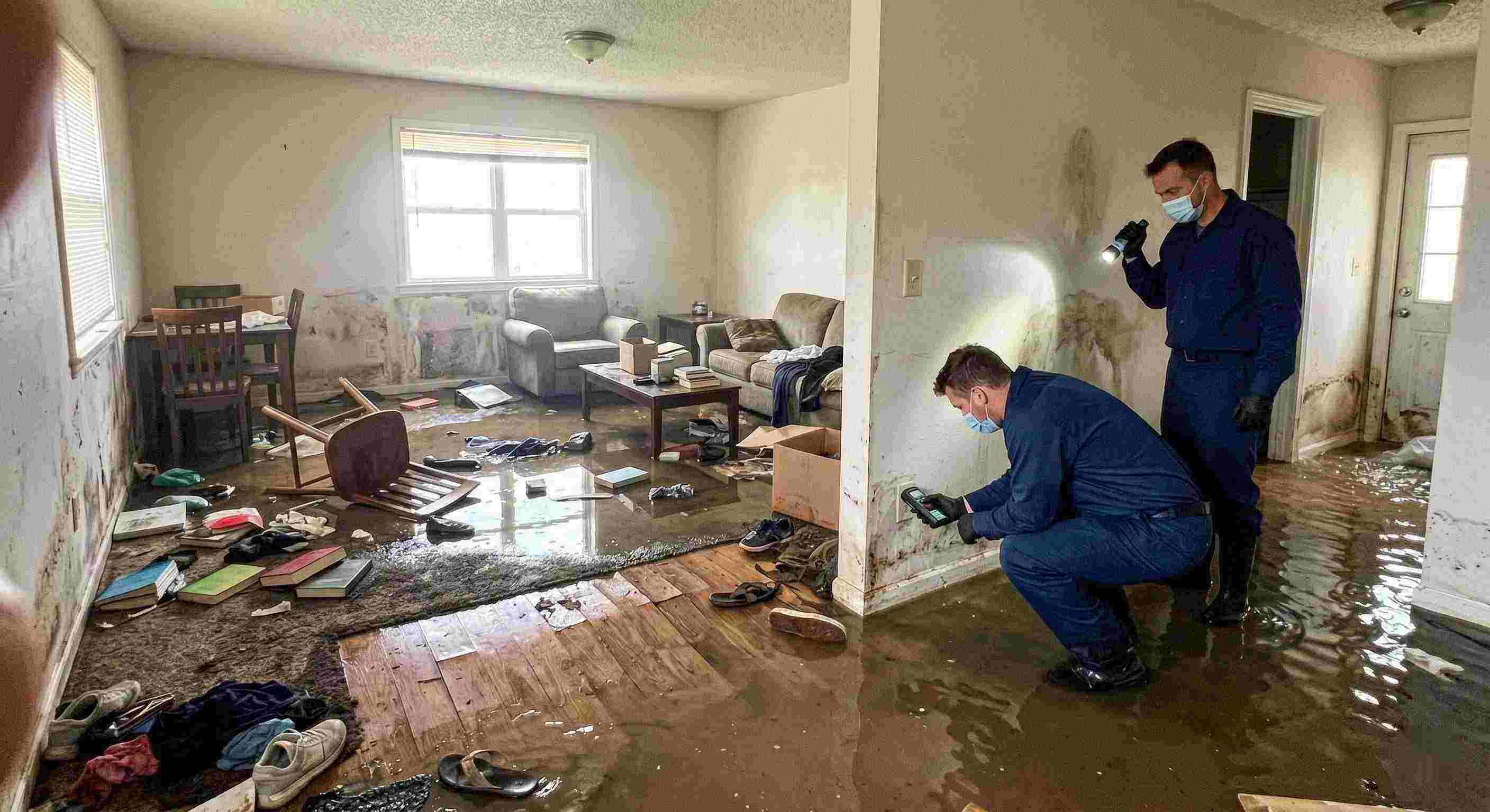 Severe home flooding with waterlogged floors, damaged furniture, and generic technician assessing the damage in Irvine
