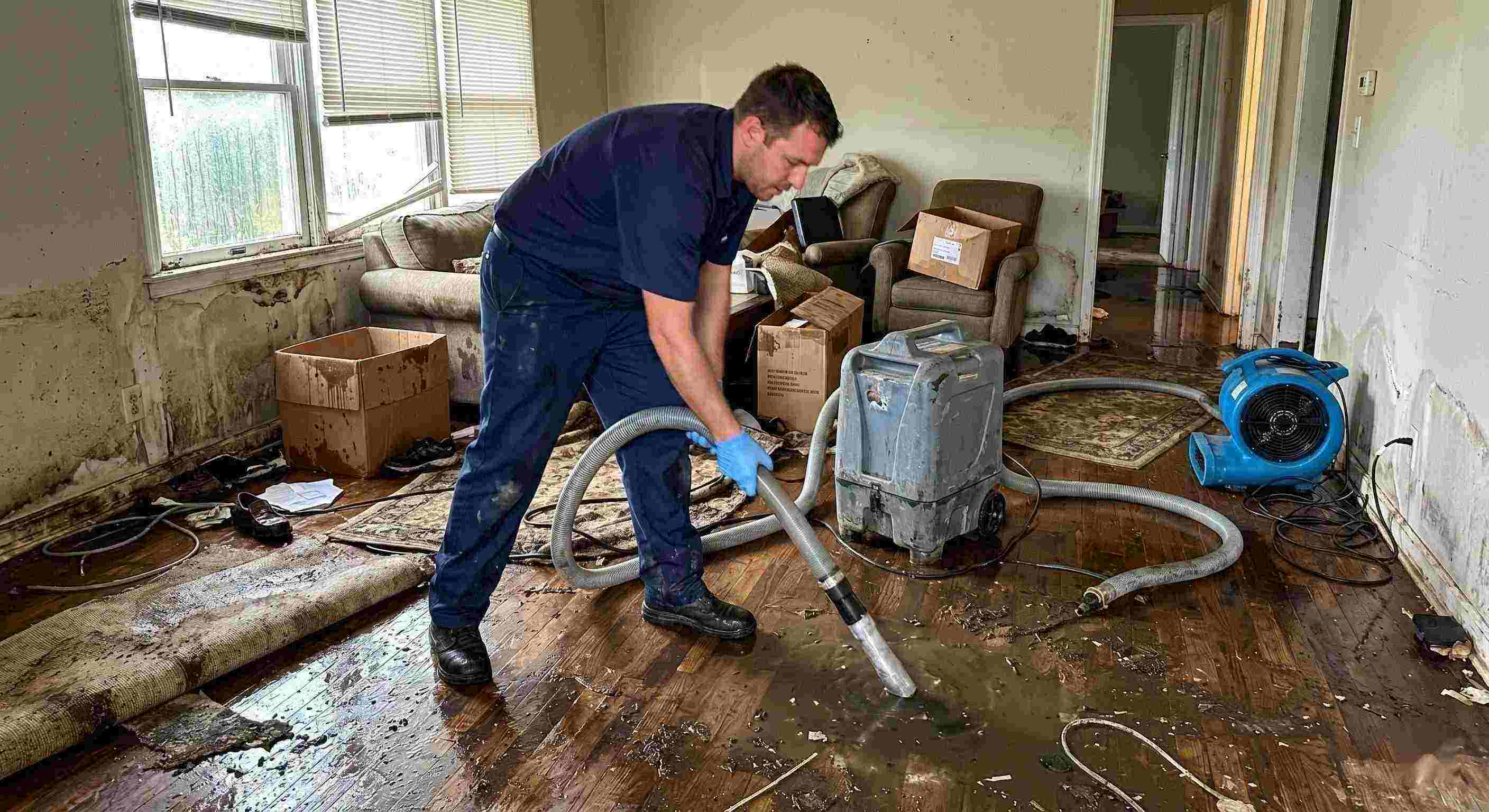Action shot of a flood damage restoration technician removing standing water in a flooded home during the restoration process in Irvine.