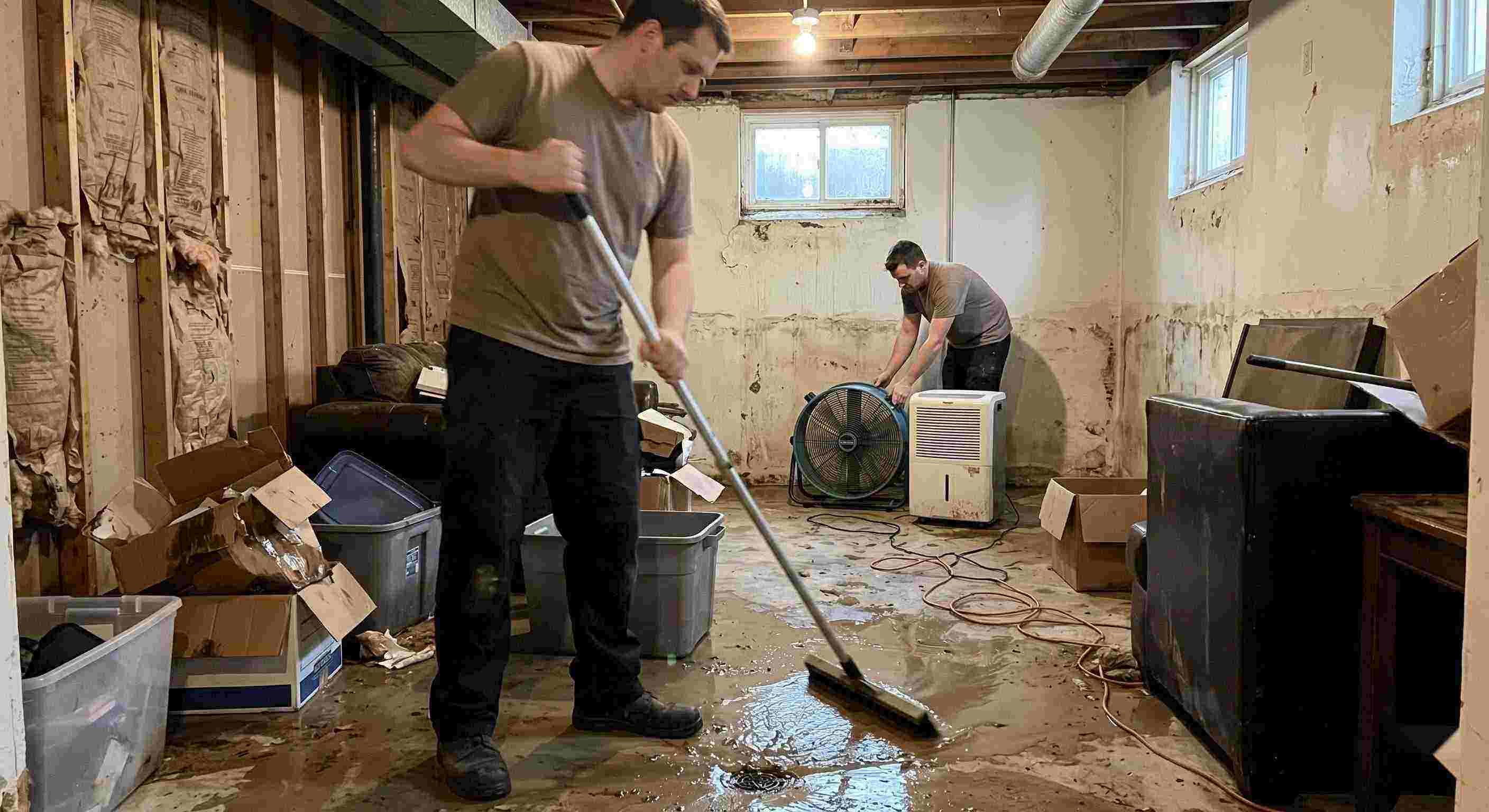 Local flood and storm damage cleanup in a residential basement with standing water removal and drying equipment in Corona
