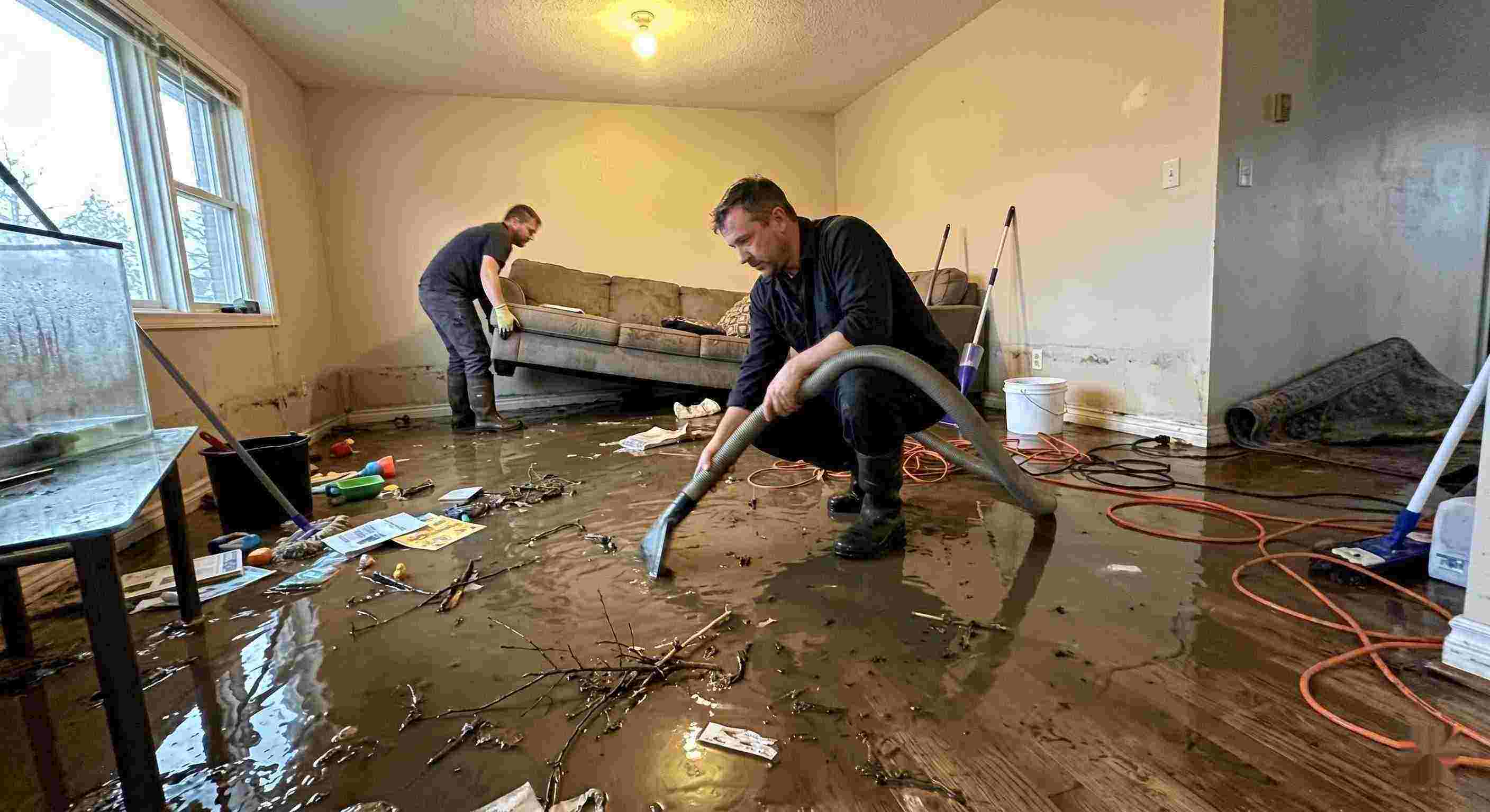 Professional flood water extraction service removing contaminated water from flooded home in Downey