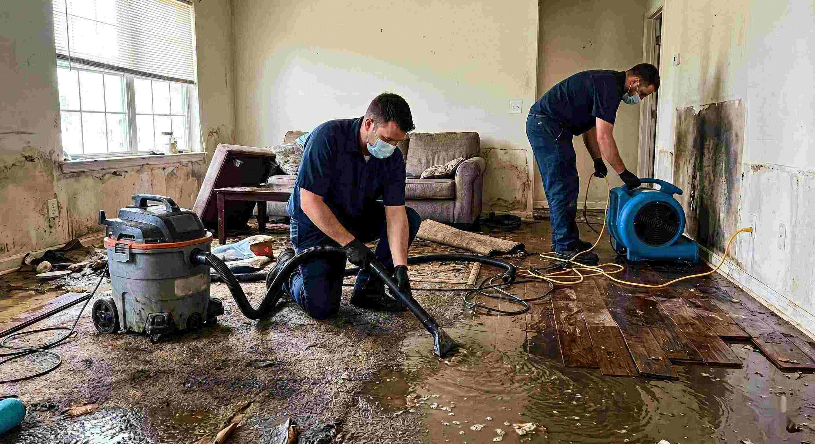 Flood water removal service in a residential home showing technicians extracting standing water and setting up drying equipment in Irvine