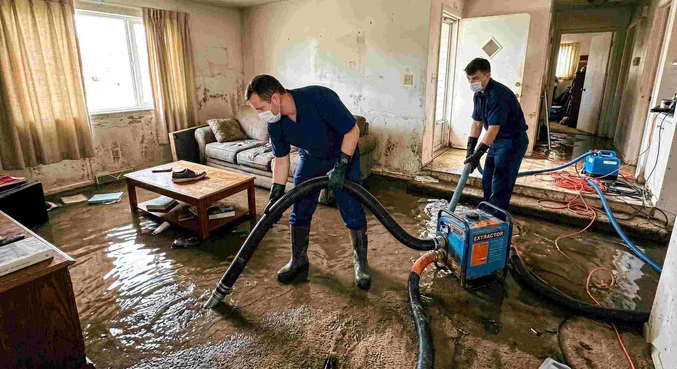 Realistic flood water removal inside a home with technicians using pumps and hoses to extract standing water during flood damage restoration in Irvine.