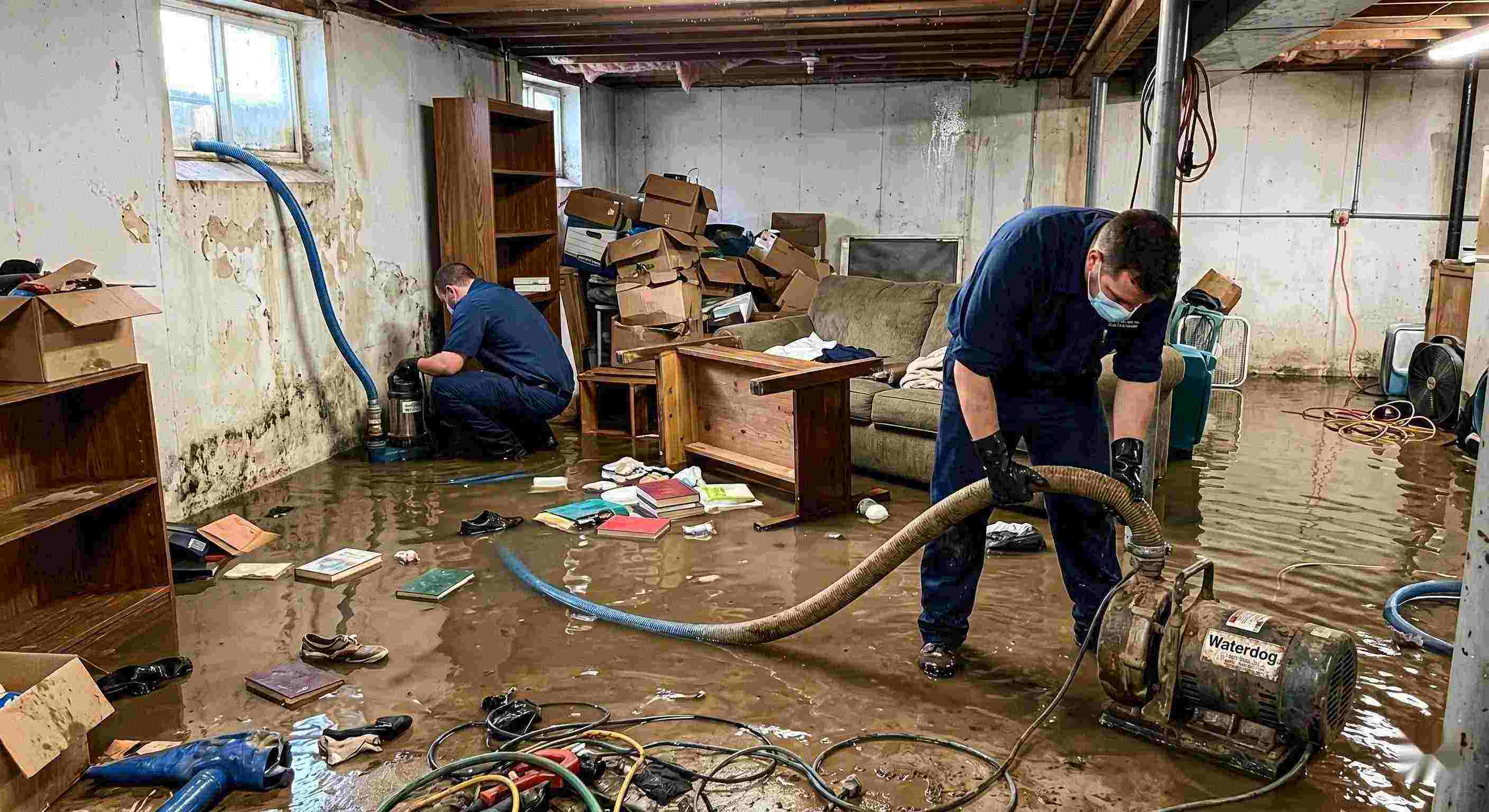 Realistic photo of a flooded basement cleanup with restoration technicians removing standing water in a home in Irvine