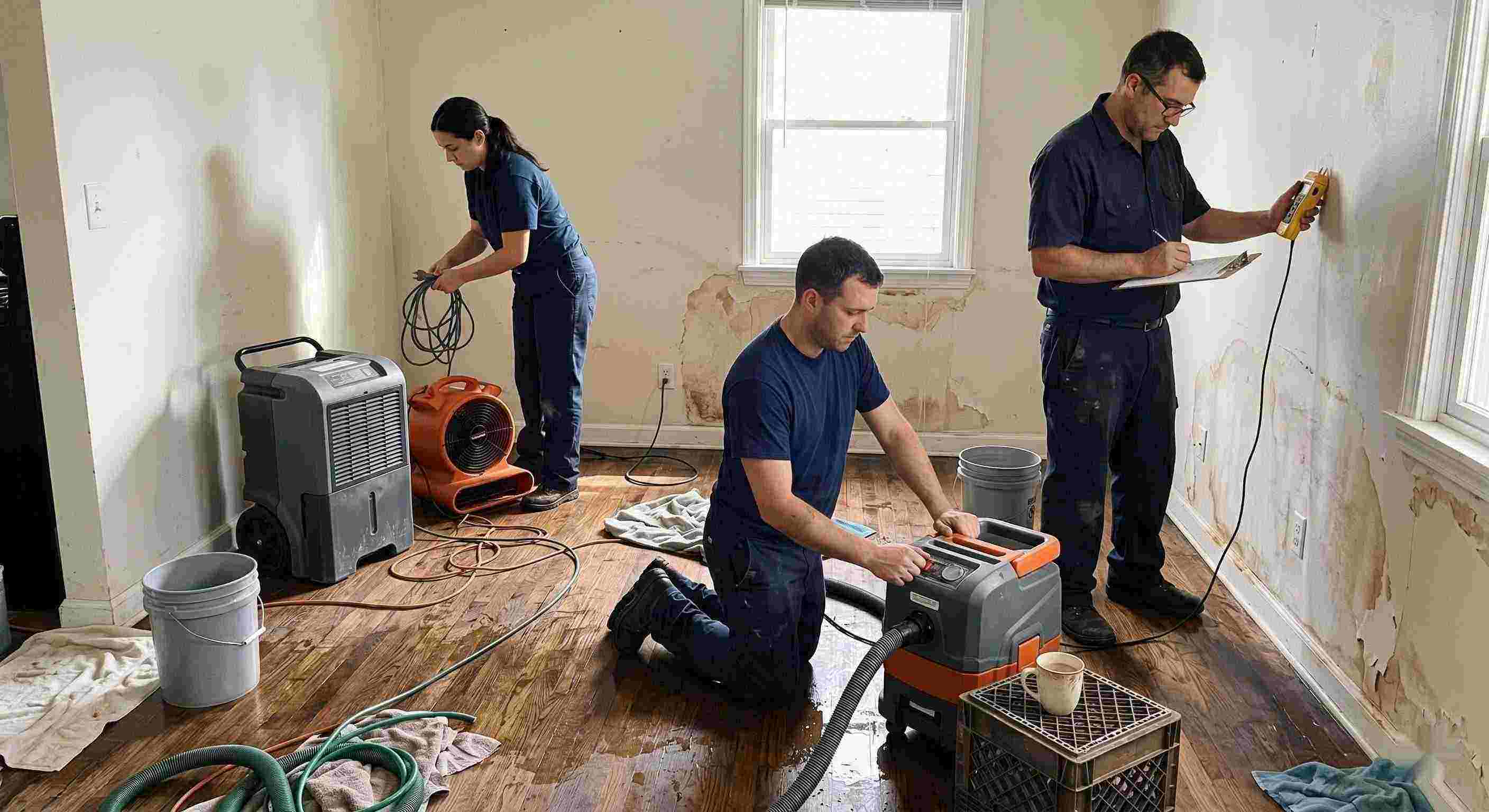Local leak damage restoration team working with professional equipment to repair water-damaged home in Irvine.