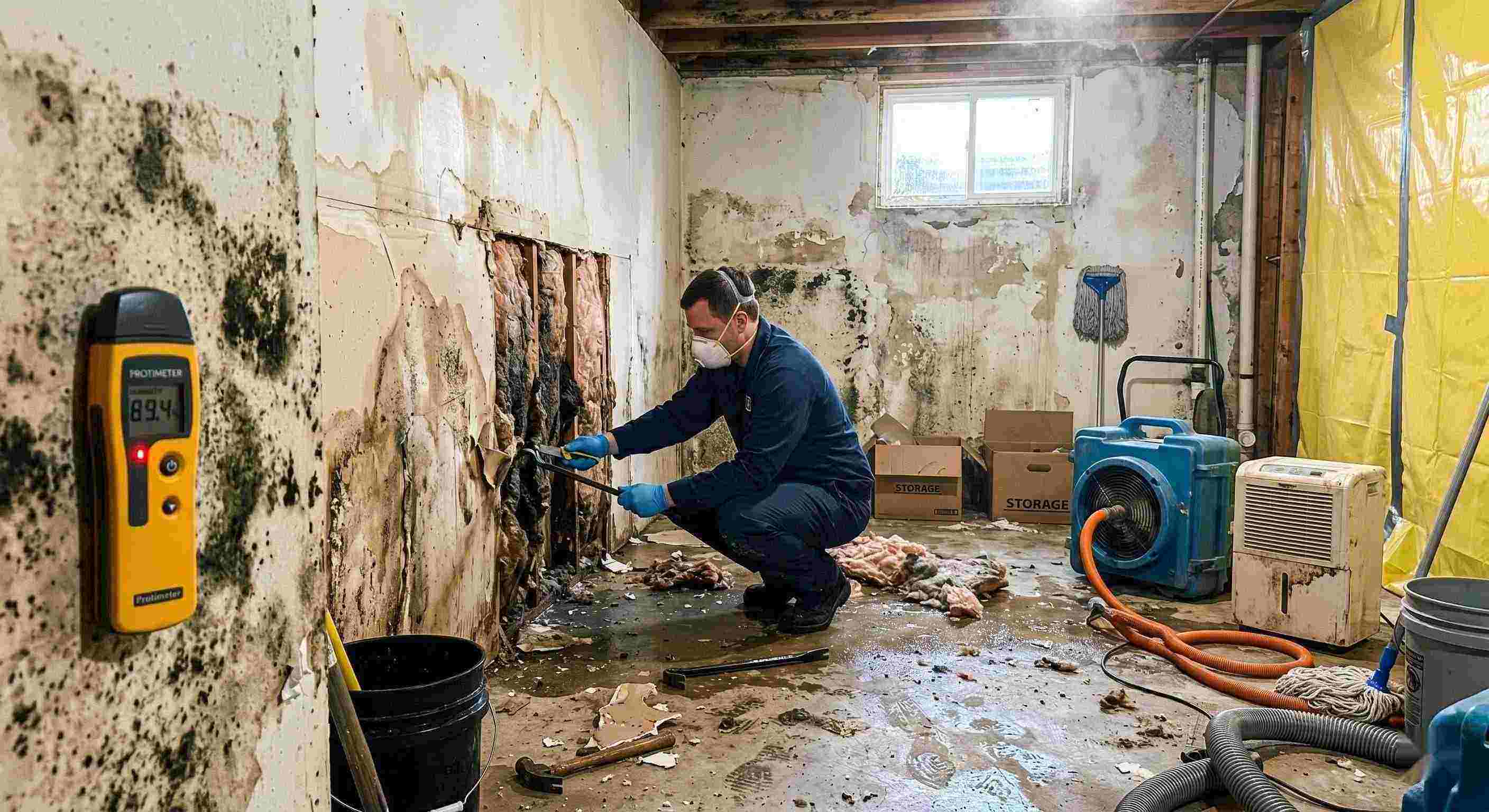 Professional mold after water damage cleanup in a residential home, showing a technician removing water-damaged drywall and treating mold in a damp basement in Downey.