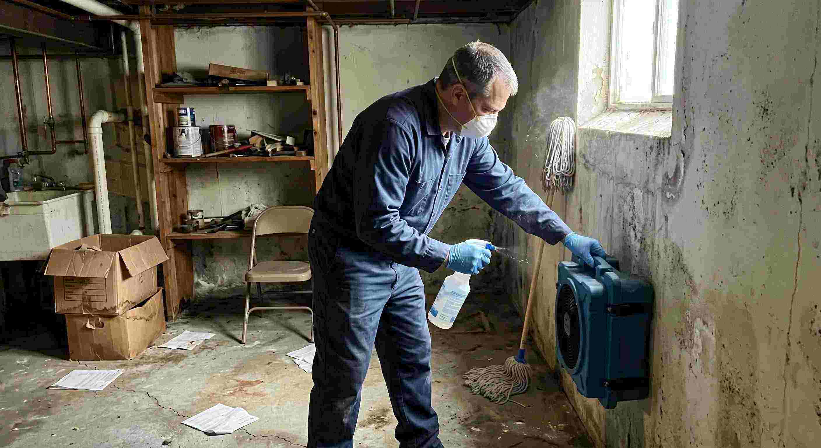 Trusted technician performing mold odor removal in a basement, using HEPA air scrubber and antimicrobial spray, preventing mold growth in a Downey home.
