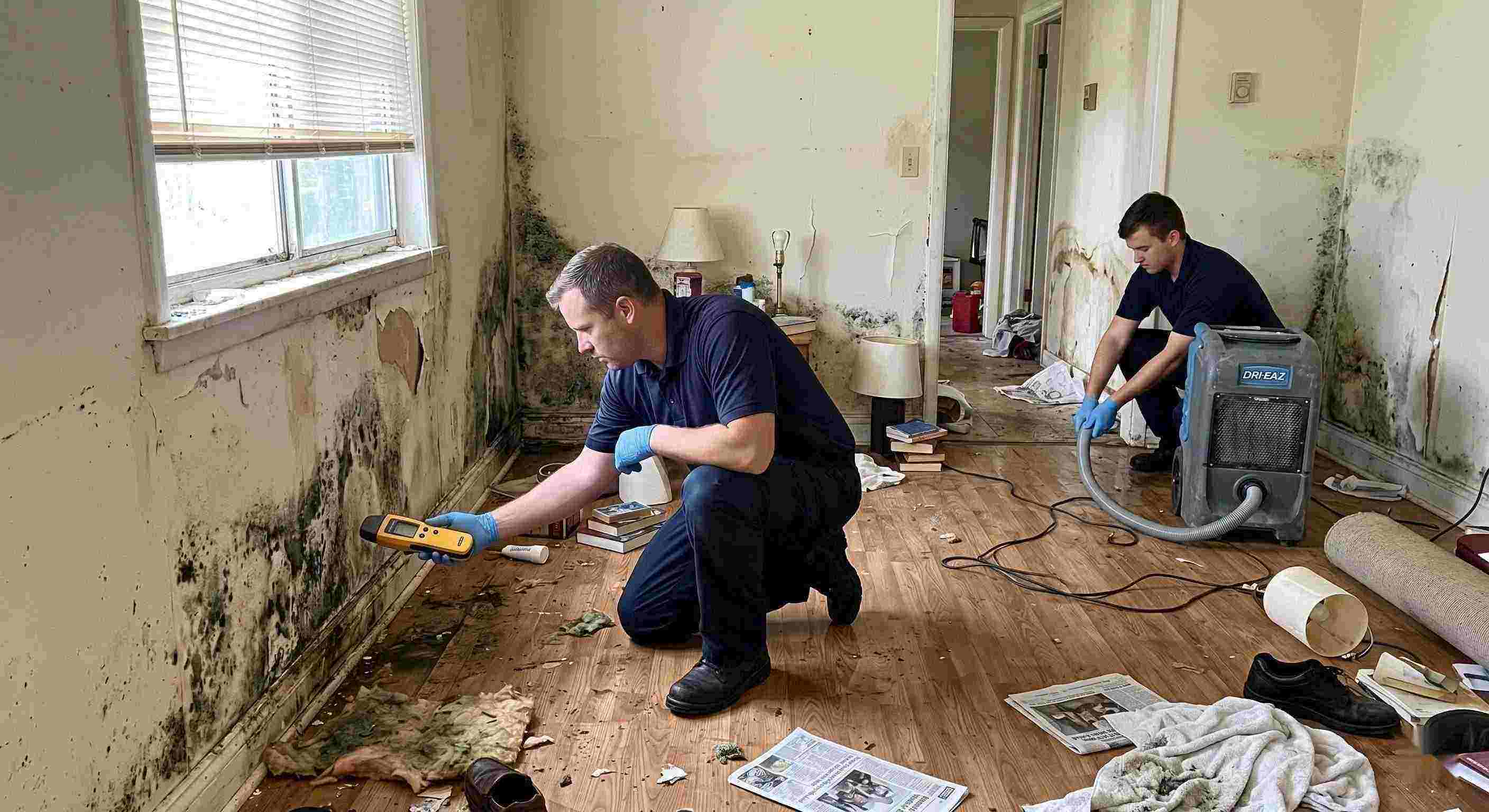 Fast realistic photo showing mold damage and water-affected walls in a home during mold remediation in Downey, with technicians inspecting and controlling moisture.