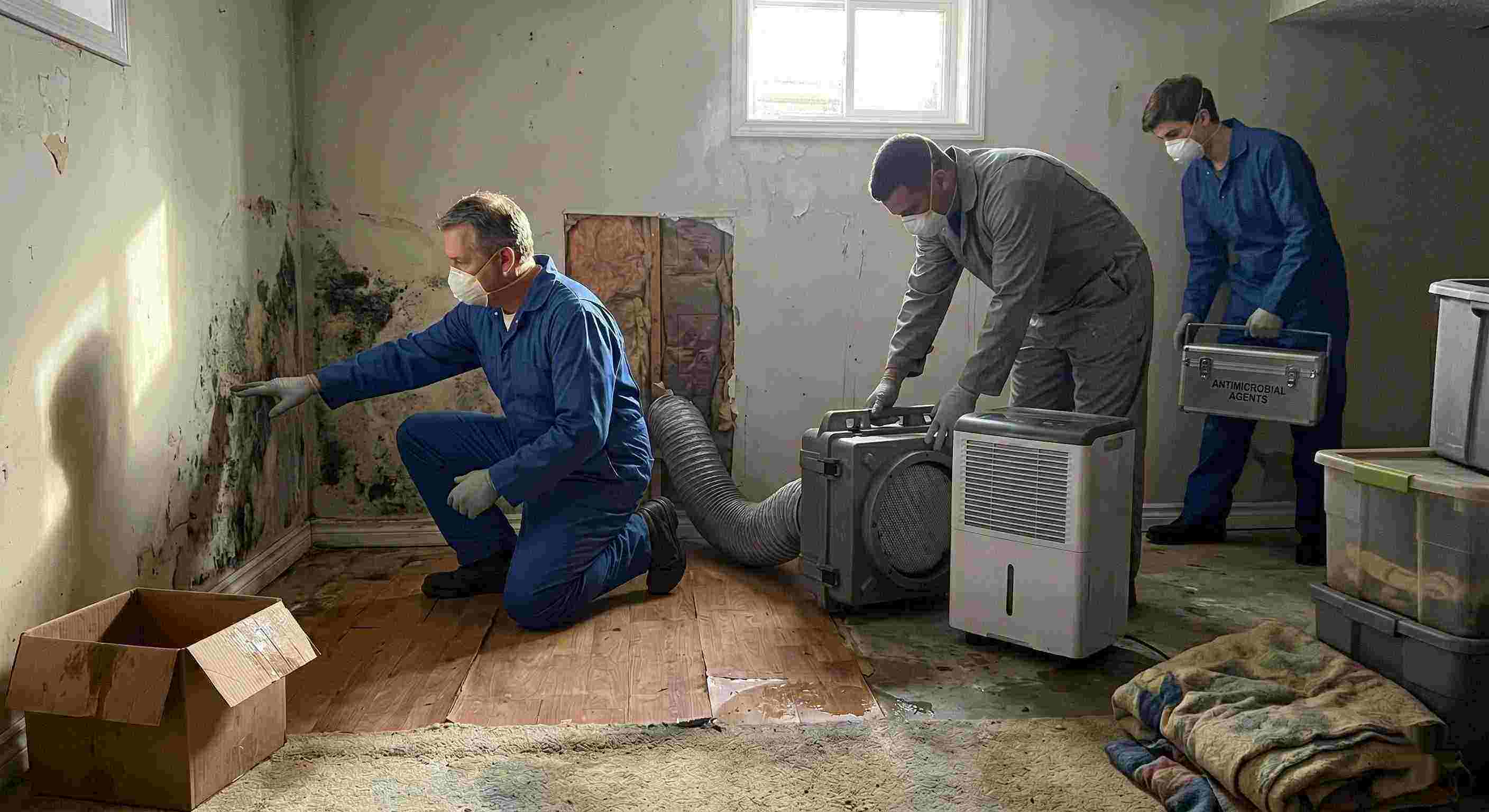 Fast residential mold remediation team performing inspection and cleanup with dehumidifiers and HEPA filters, showing professional team and equipment in a Downey home.