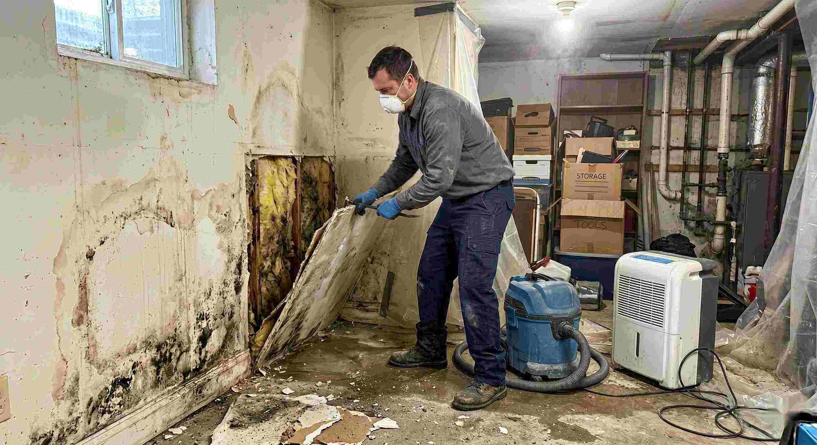 Professional action shot of a mold remediation technician removing damaged drywall and treating mold in a home basement in Downey, showing realistic textures, dust, and water damage.