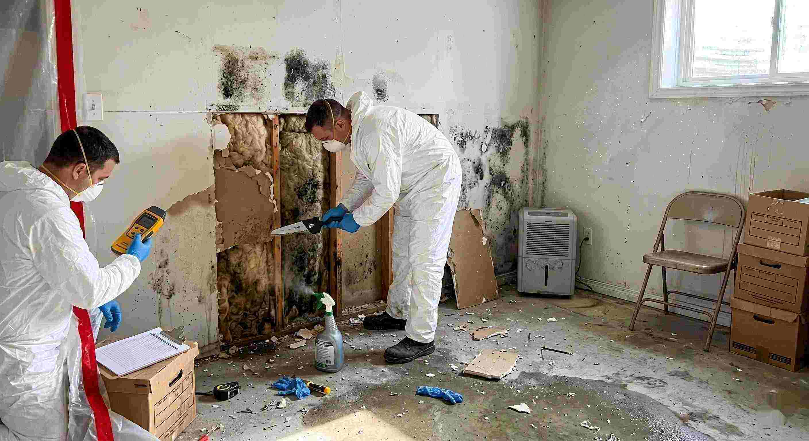 Professional mold removal service in a residential home, showing technicians removing black mold and moisture-damaged drywall in Downey.