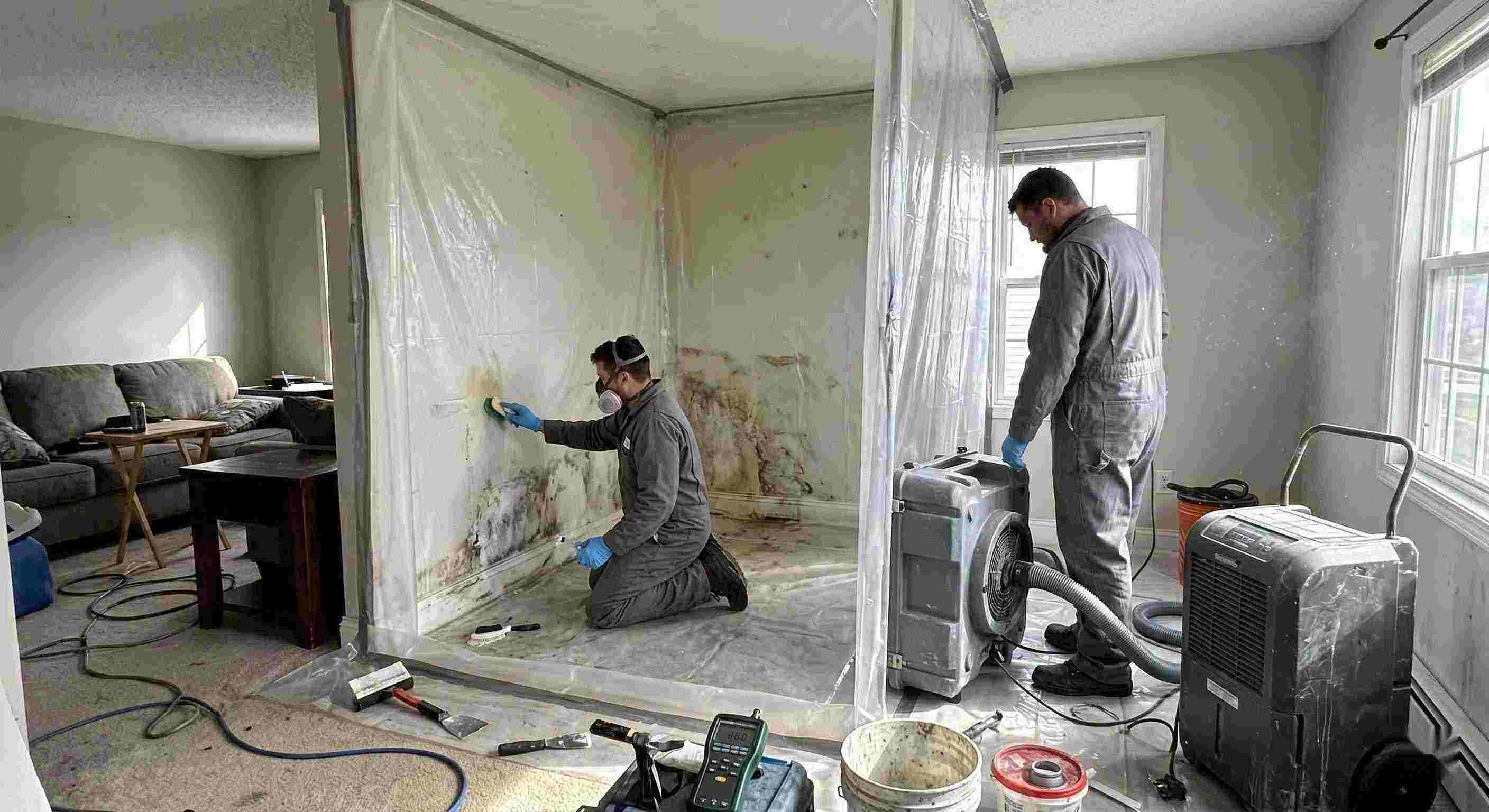 Fast technicians performing indoor mold removal in a residential home in Downey, isolating damp areas and using HEPA air scrubbers and dehumidifiers.