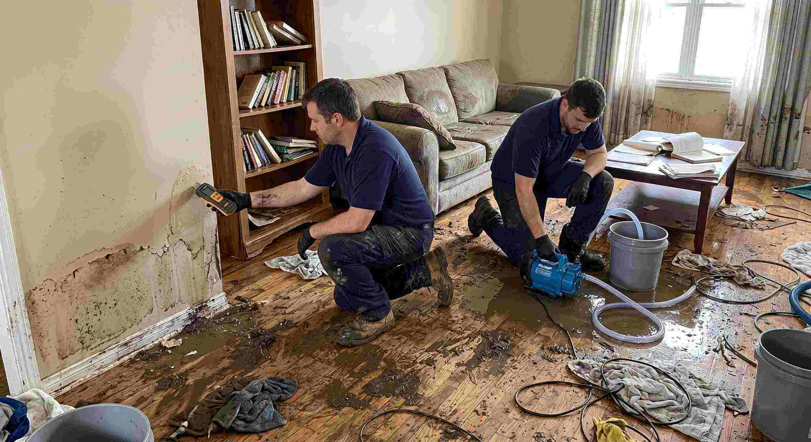 Realistic photo of a technician performing mud and debris removal after flooding in a home in Irvine, showing soaked floors, water-damaged furniture, and scattered cleaning equipment.