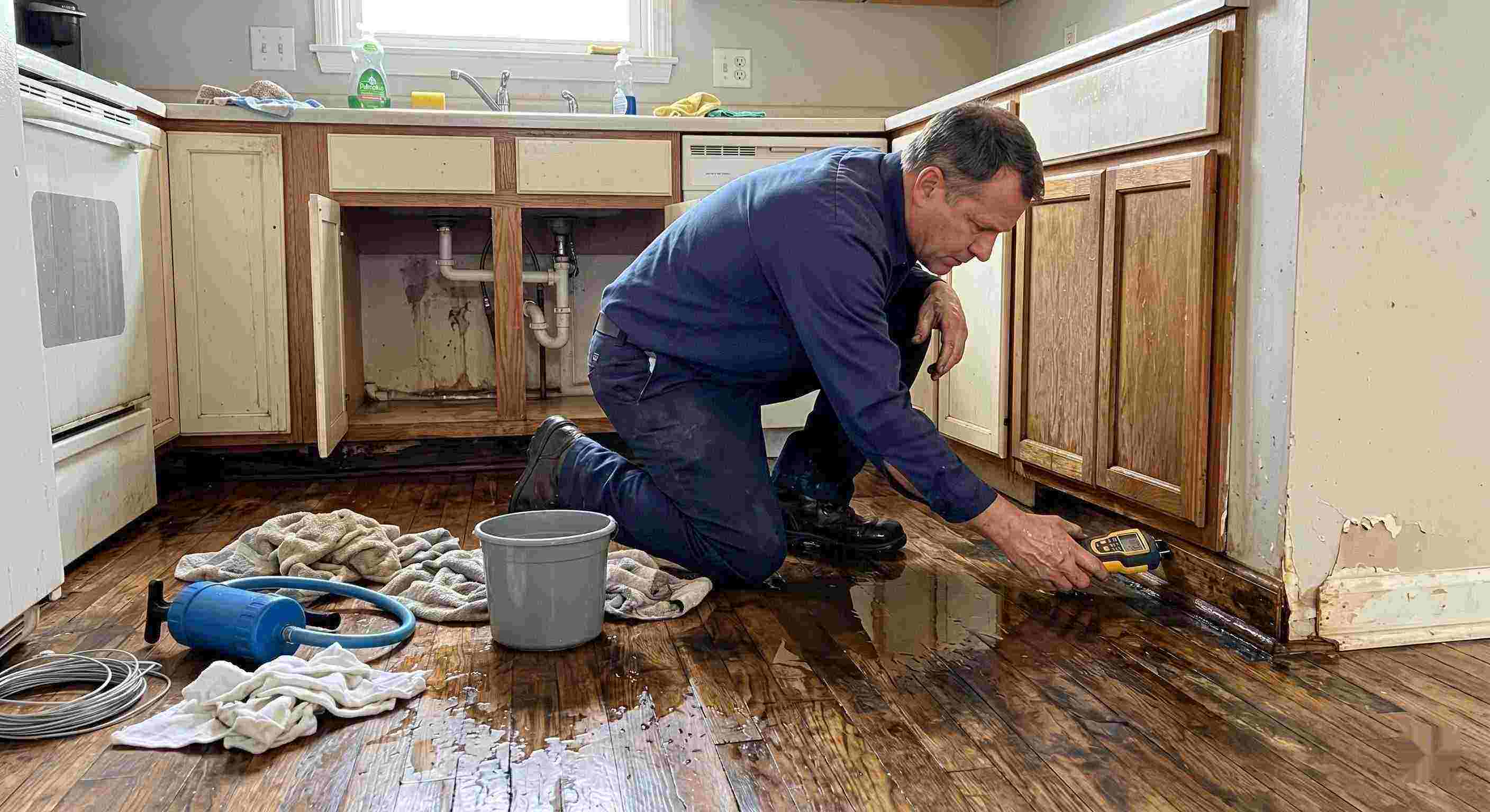 Technician performing pipe leak cleanup in a residential home in Irvine, inspecting water-damaged flooring and cabinets.