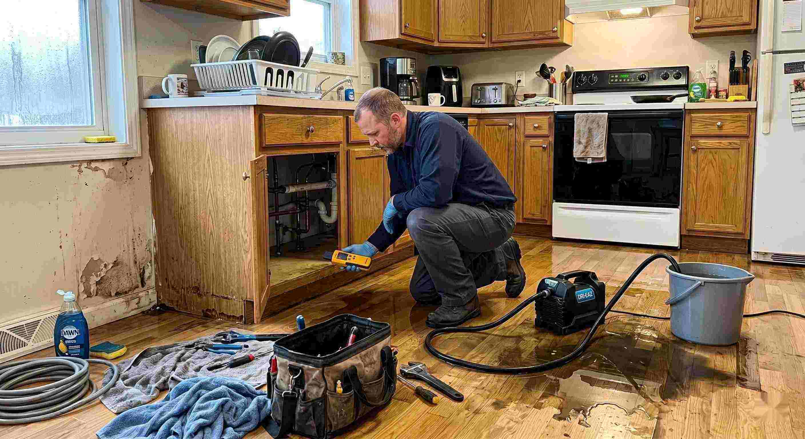 Pipe leak cleanup service in a residential kitchen showing water damage and a technician actively restoring the area in Irvine.