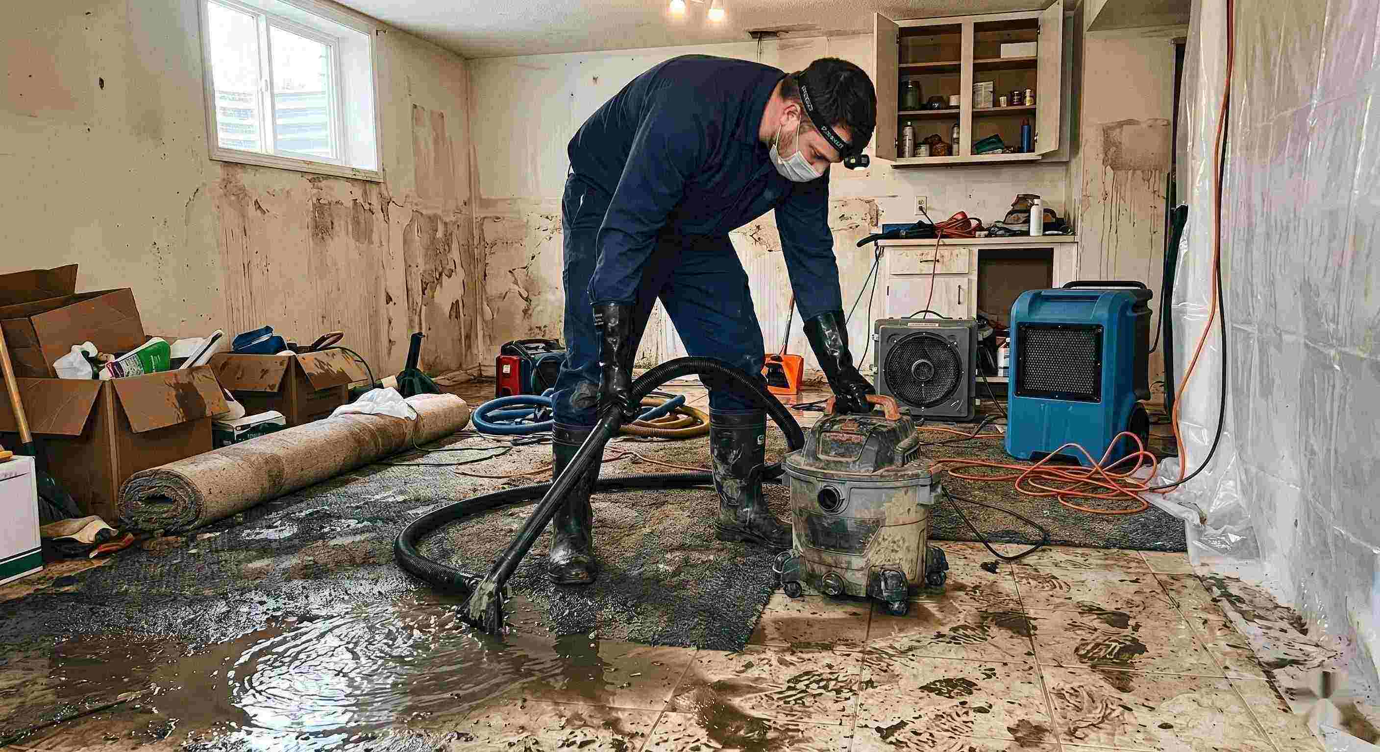 Fast action shot of a technician performing sewage backup cleanup in a residential home, showing water extraction and sanitation processes in Orange.
