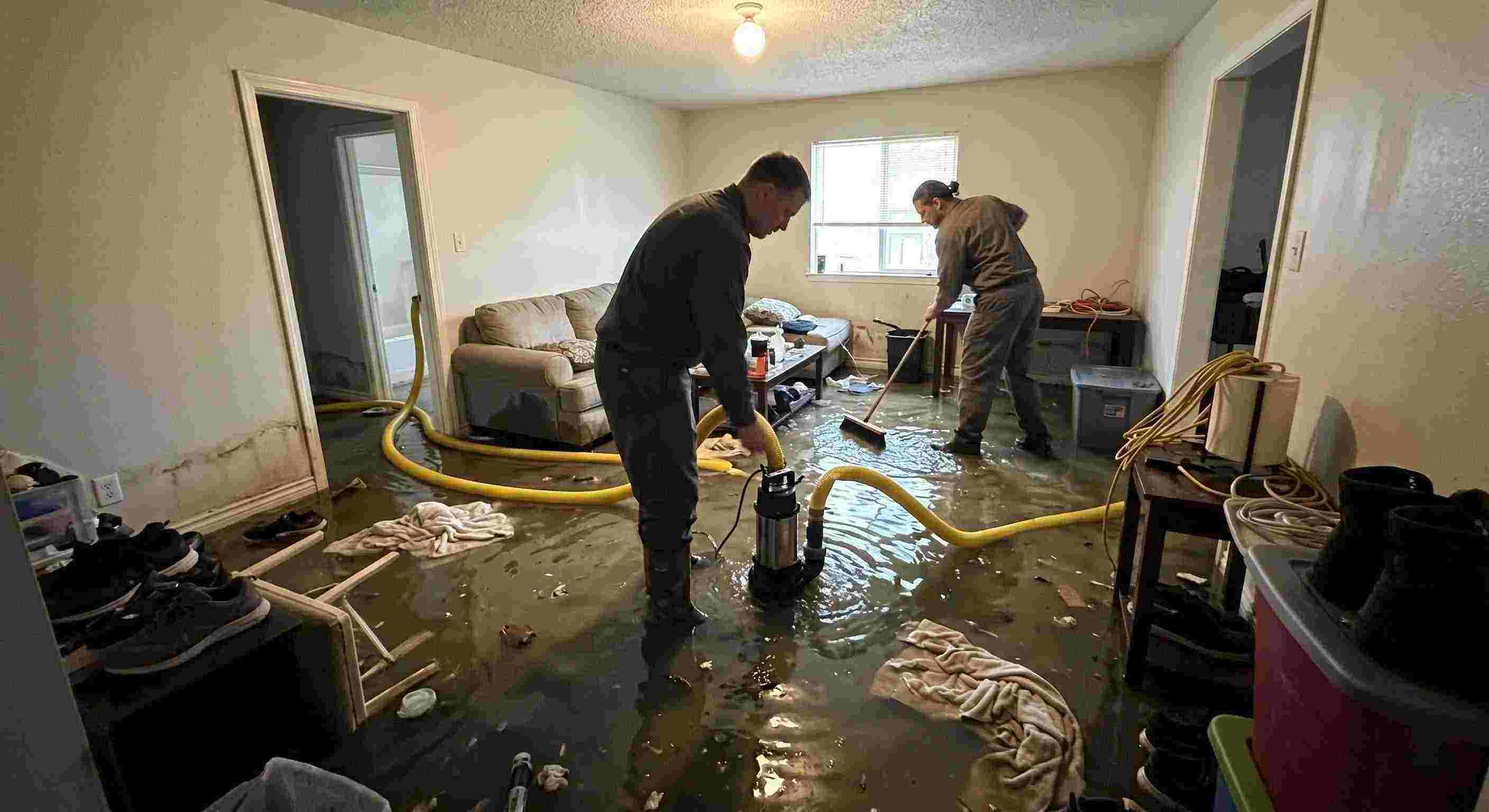 Professional high volume residential pump-out services removing flood water with submersible pumps in Downey