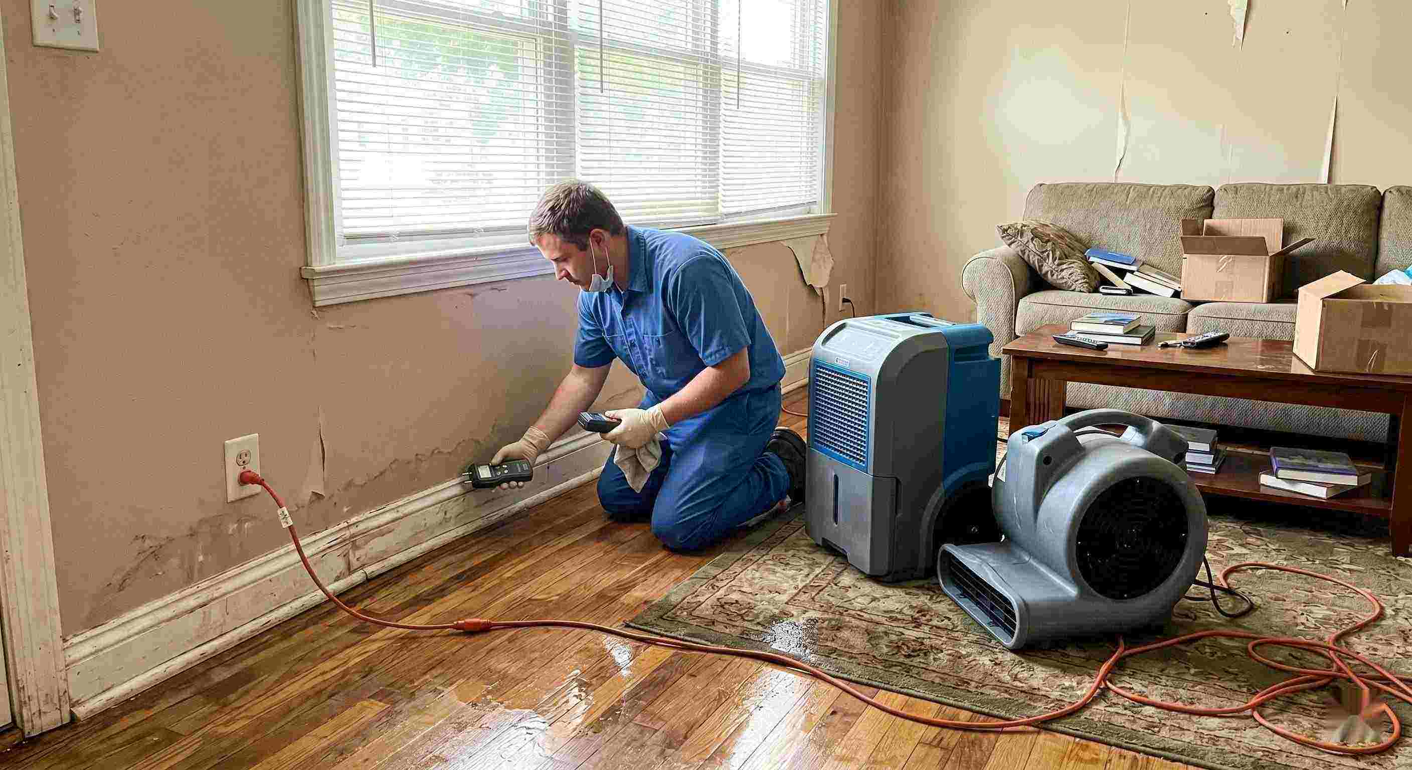 Technician performing rainwater intrusion cleanup in a flooded home in Irvine, showing wet floors, damp walls, and dehumidifiers in use.