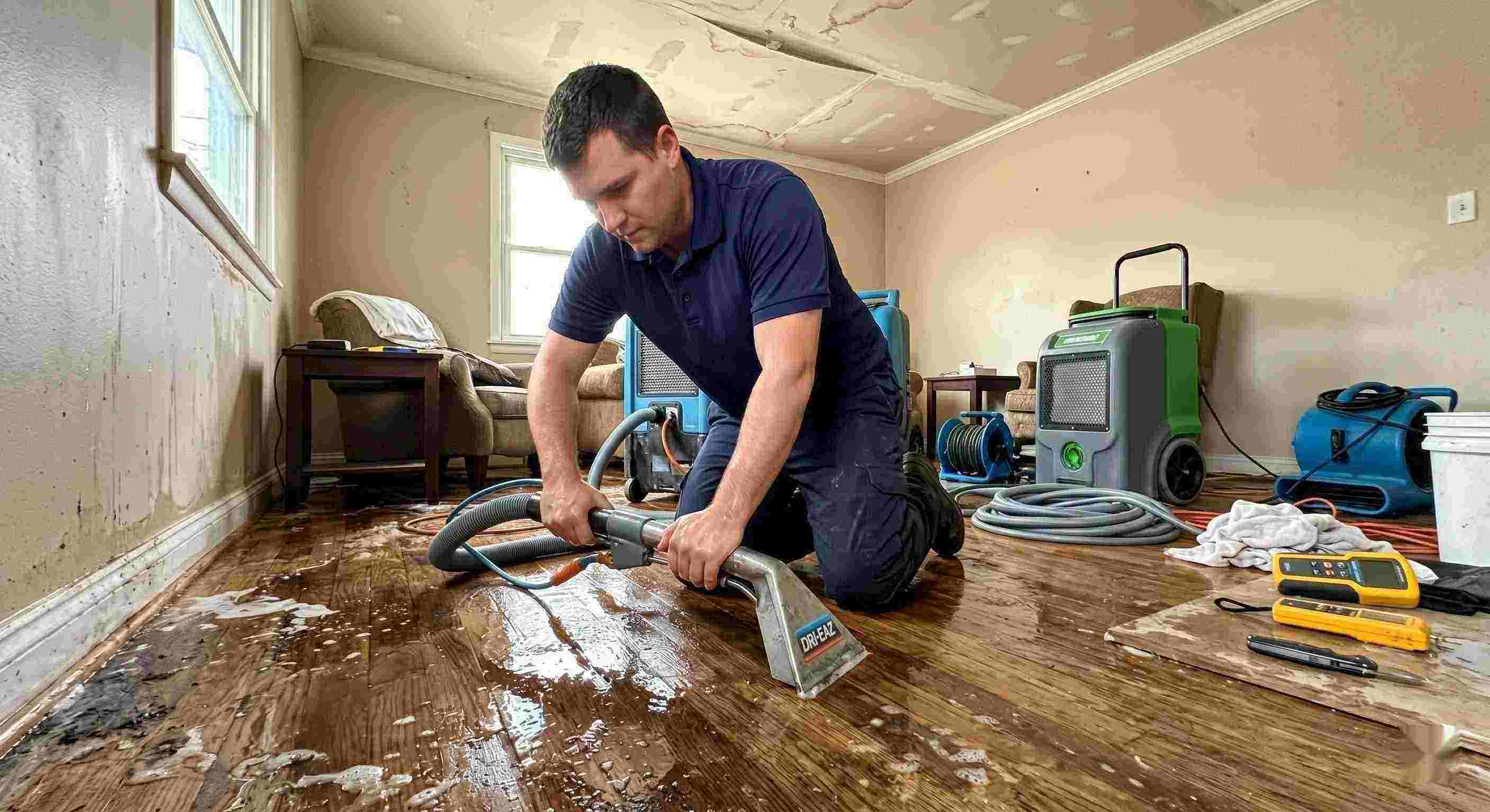 Action shot of a leak damage restoration technician performing water extraction and drying in a home in Irvine, showing realistic water damage and cleanup process.