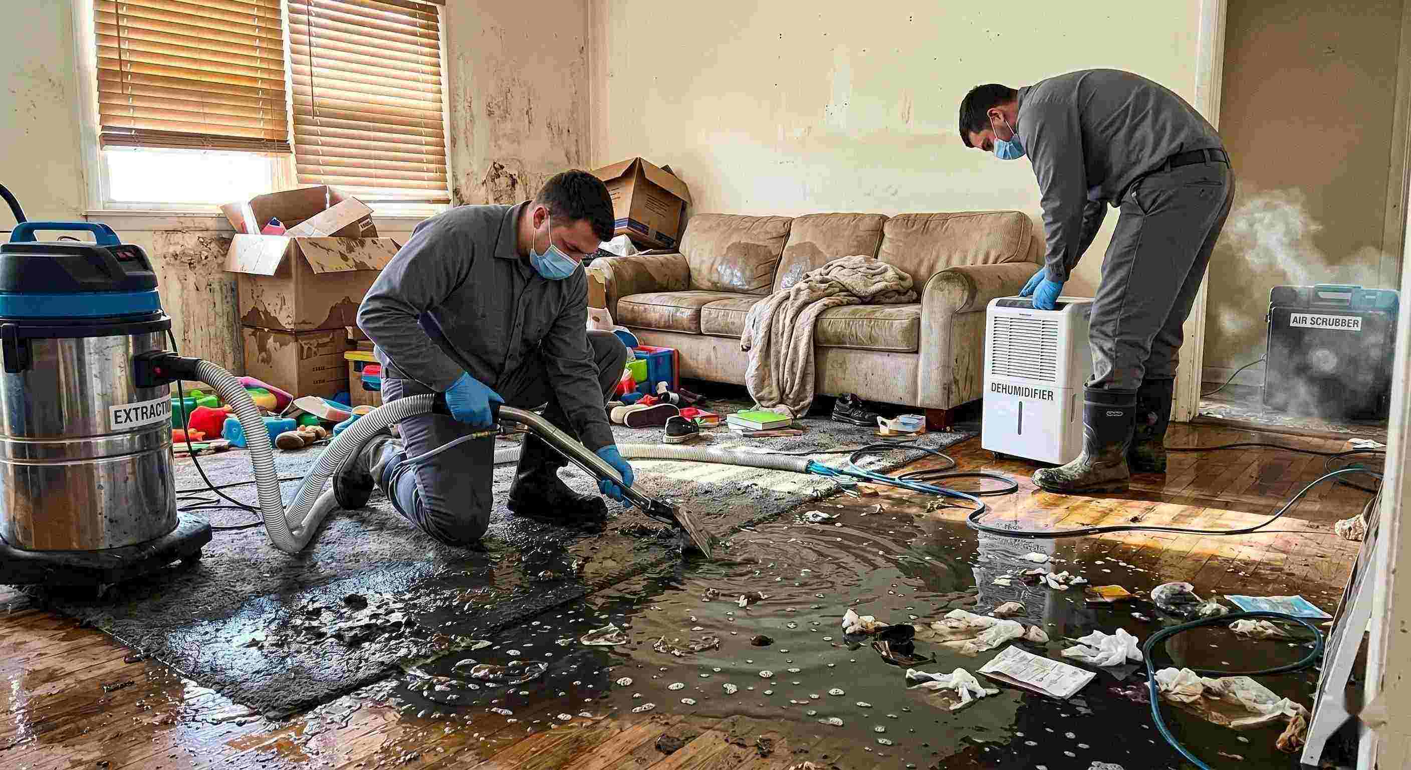Trusted realistic image of a residential sewage backup cleanup in progress, with technicians removing contaminated water and using drying equipment in a home in Orange.