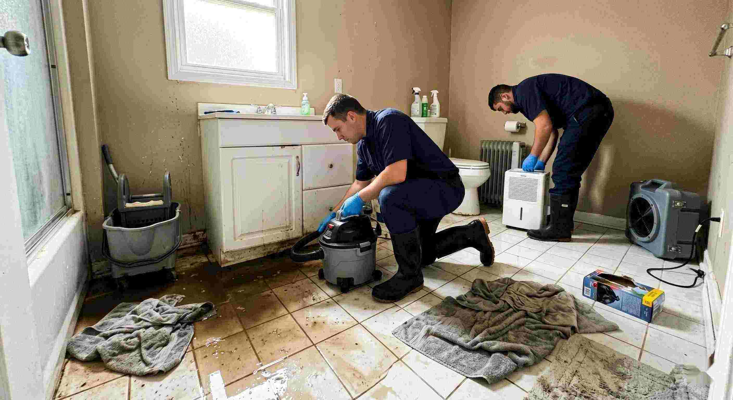Local realistic sewage backup cleanup in a home bathroom, technician extracting contaminated water during emergency sewage cleanup in Orange