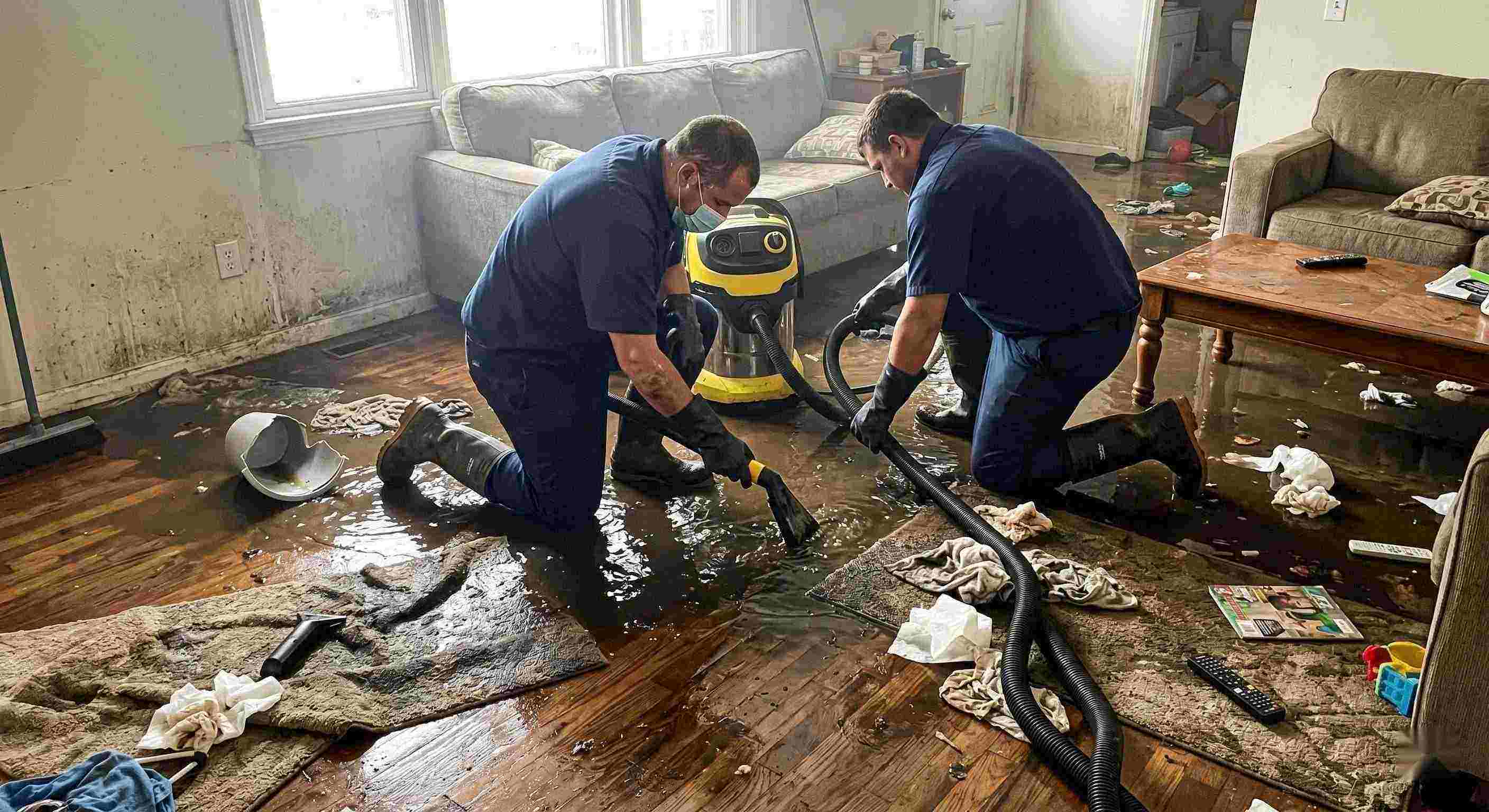 Professional realistic scene of sewage backup cleanup in a home showing technicians removing contaminated water in Orange.