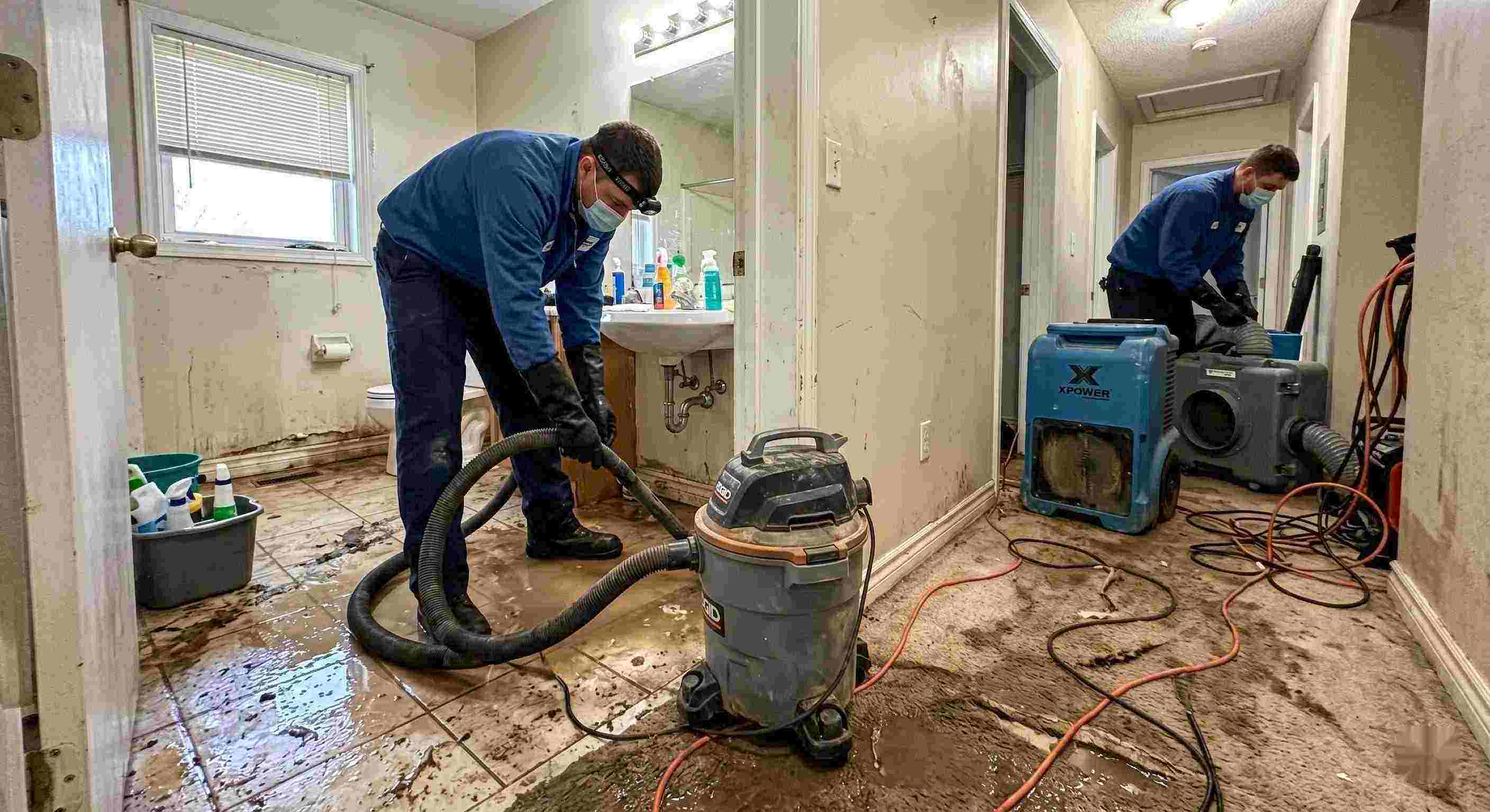 Best sewage backup cleanup in a home with technicians removing contaminated water and drying surfaces in Orange