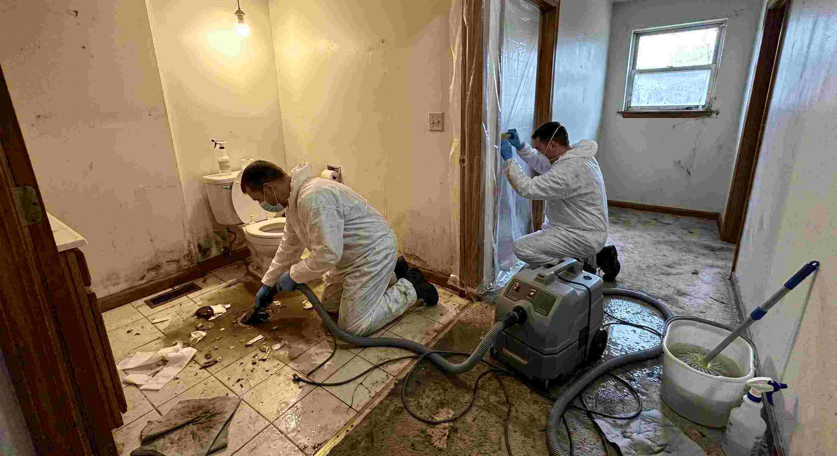 Fast sewage backup cleanup technicians removing contaminated water inside home in Corona