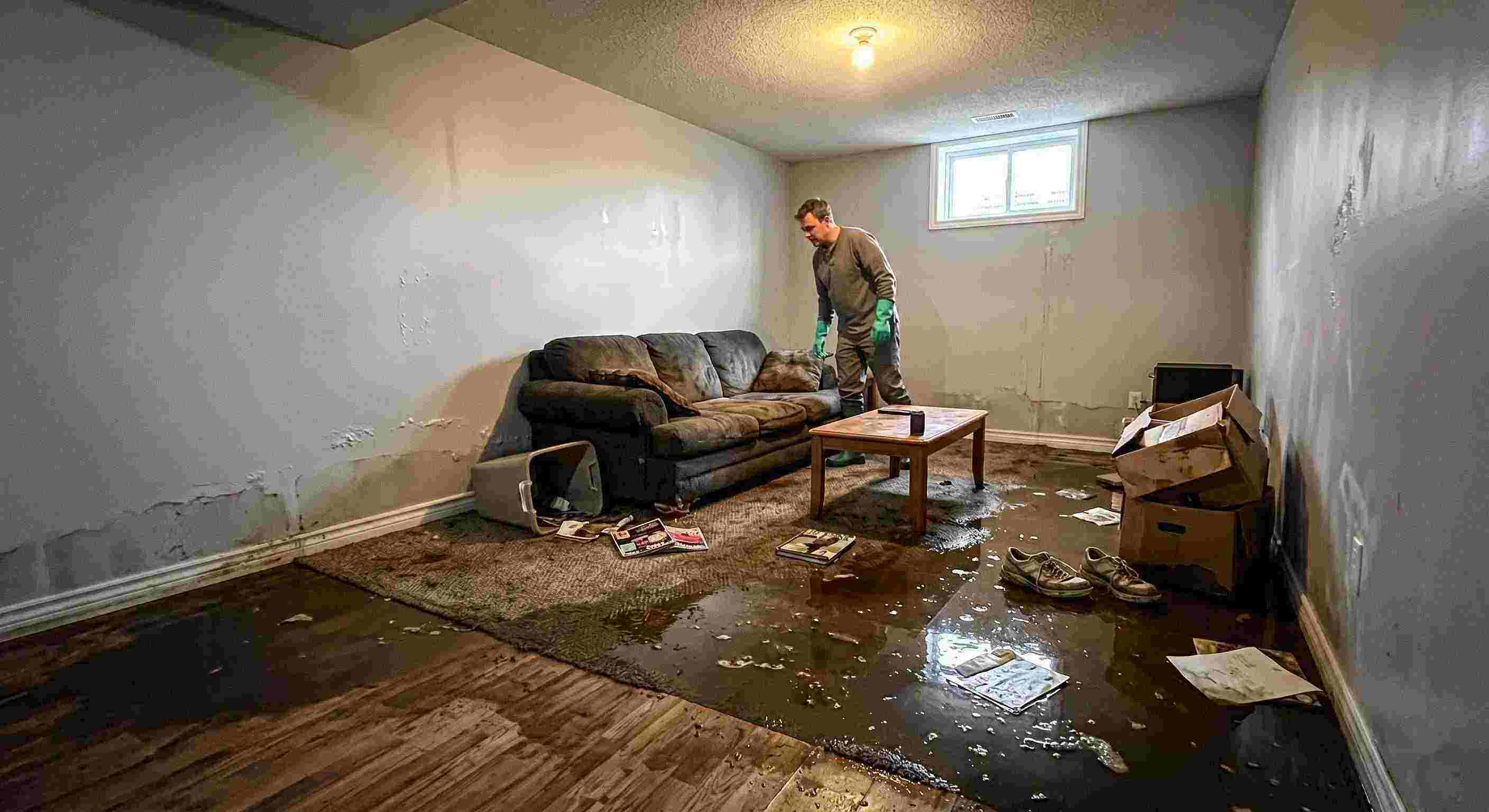 Reliable severe sewage backup damage spreading across basement floors and walls in Orange home