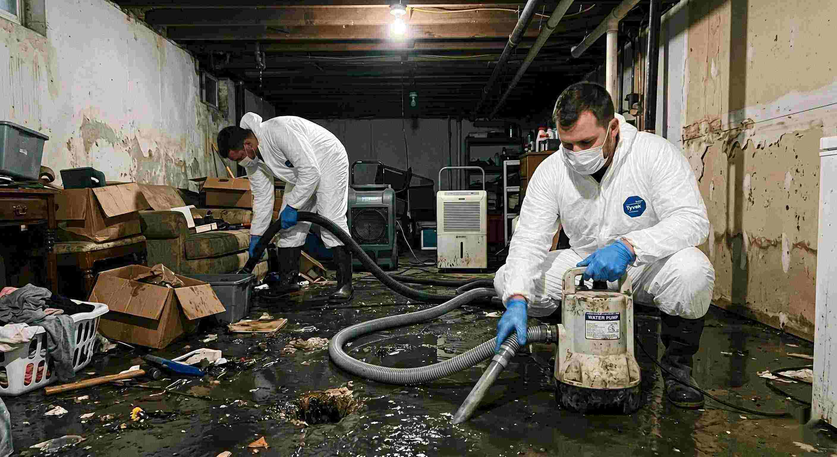 Reliable sewer backup cleanup technicians removing contaminated water from flooded basement in Orange