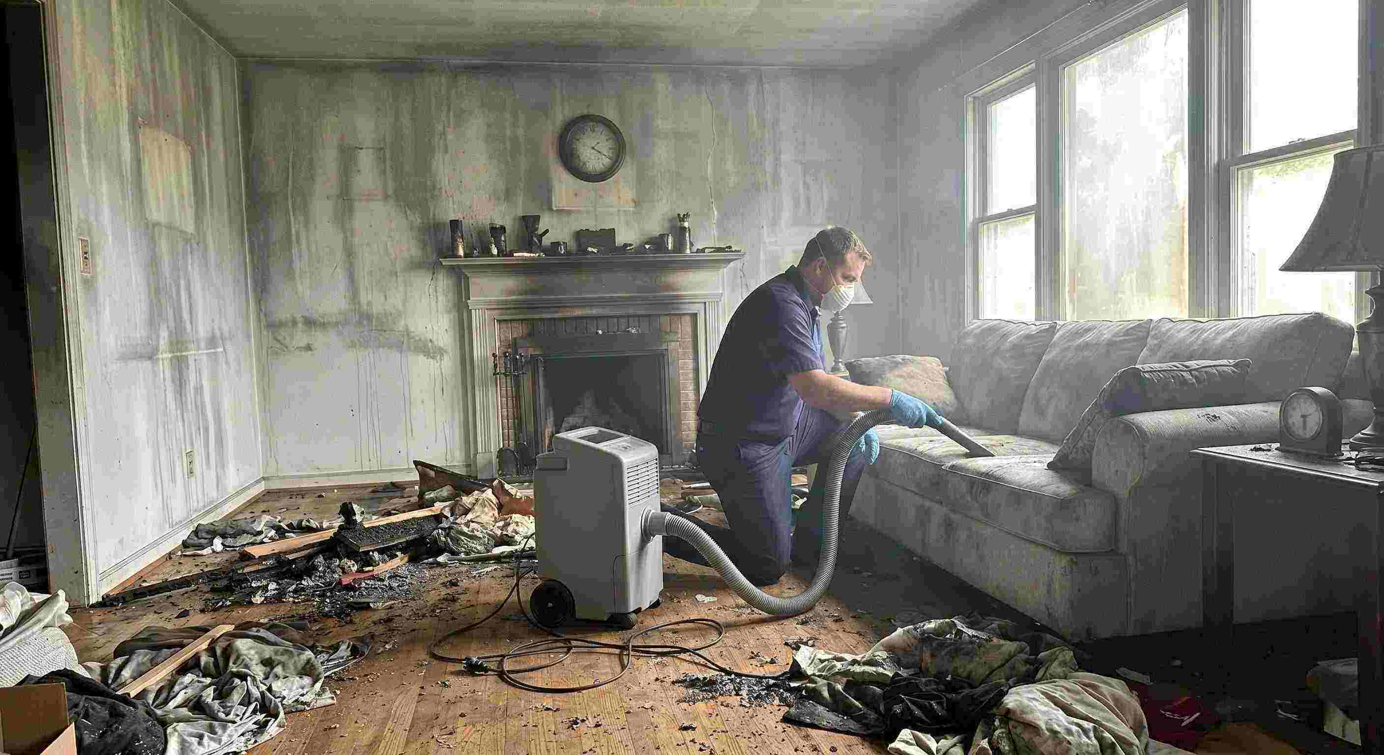 Realistic post-fire smoke damage removal in a home with soot-covered walls and debris being cleaned by a technician in Irvine.